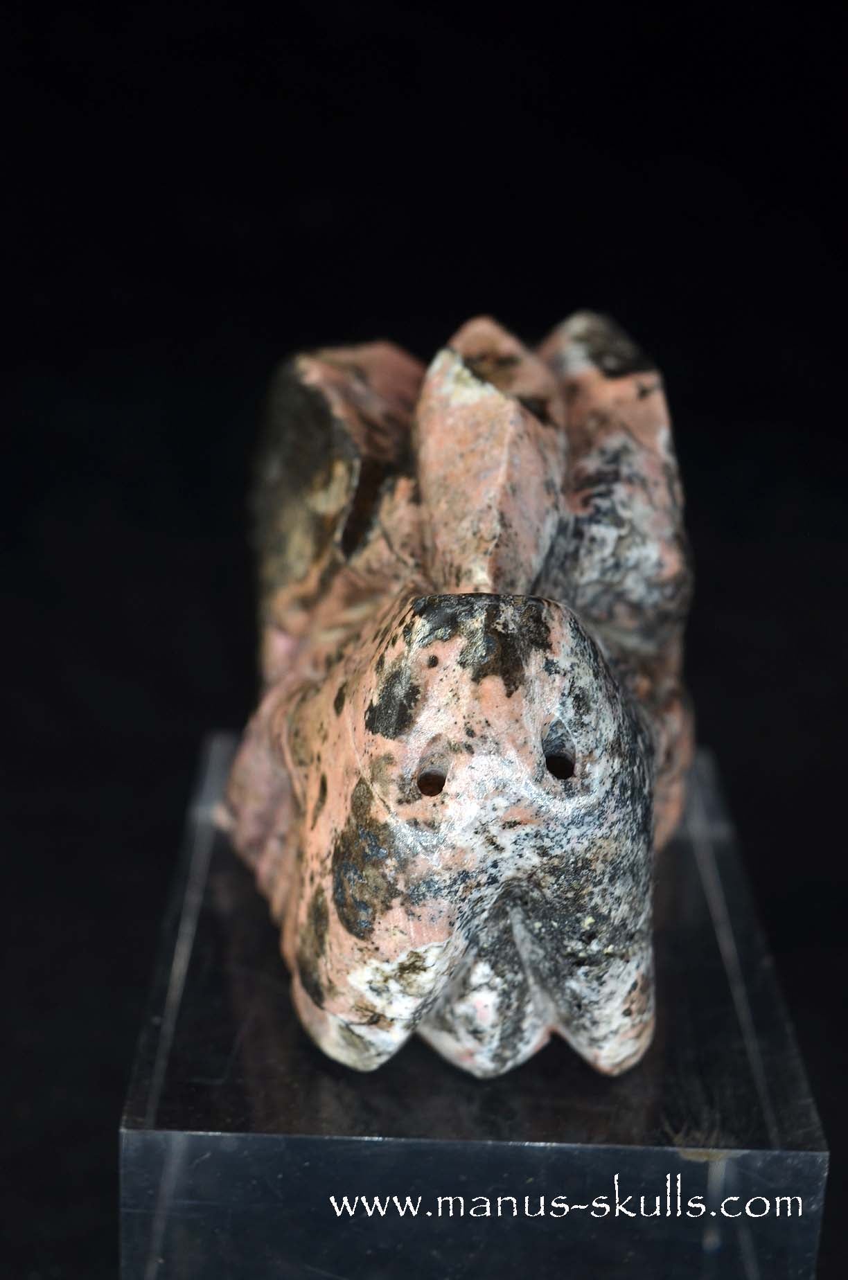 Manus skulls unique Crystal Carvings handmade skulls dragons pendants preseli bluestone tribals spiritual meaning wand Unicorn .. Pyroxmangite (Rhodonite)