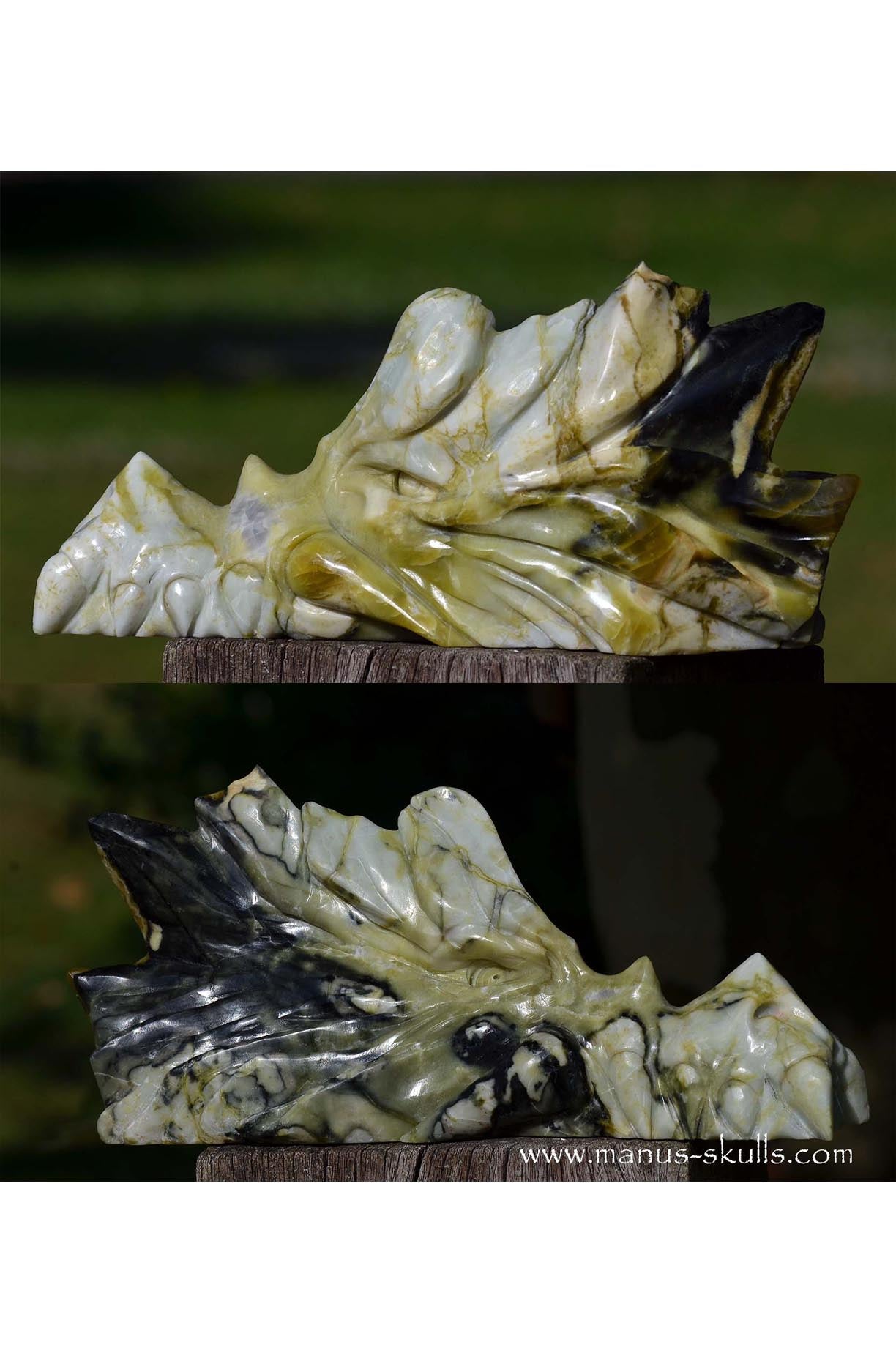 Manus skulls unique Crystal Carvings handmade skulls dragons pendants preseli bluestone tribals spiritual meaning wand Unicorn .. Connemara marble