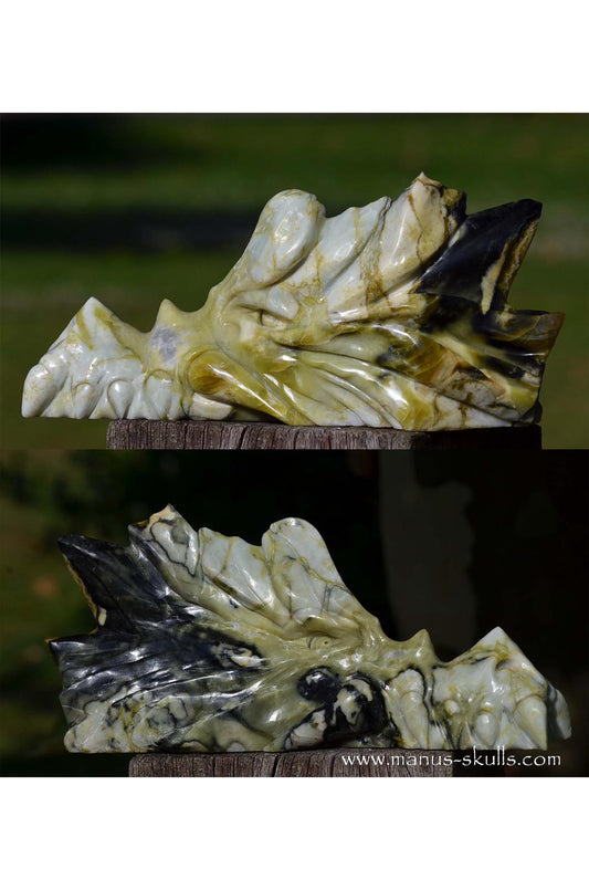 Manus skulls unique Crystal Carvings handmade skulls dragons pendants preseli bluestone tribals spiritual meaning wand Unicorn .. Connemara marble