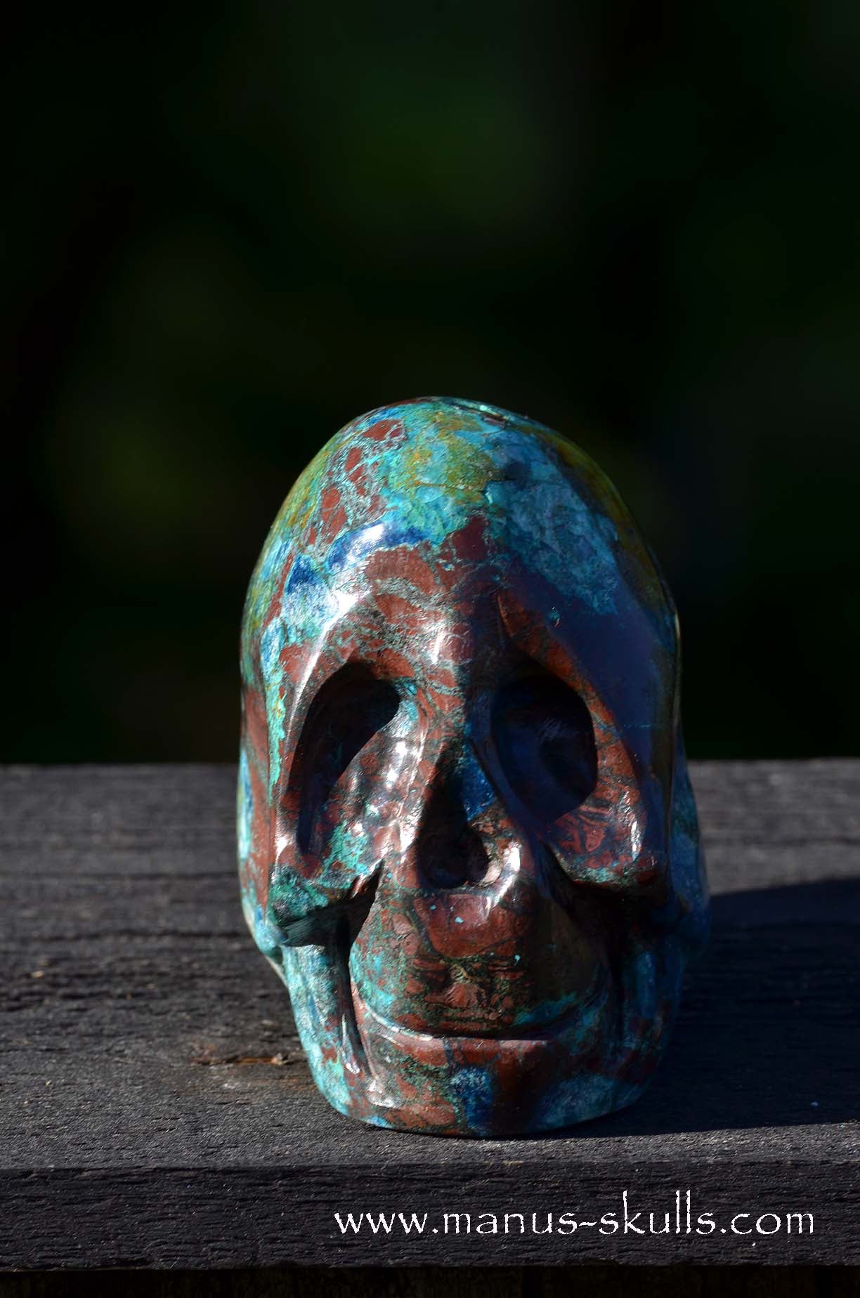 Manus skulls unique Crystal Carvings handmade skulls dragons pendants preseli bluestone tribals spiritual meaning Quantum Quattro Chrysocolla, Dioptase, Malachite, and Shattuckite  Smokey Quartz Manus Skull