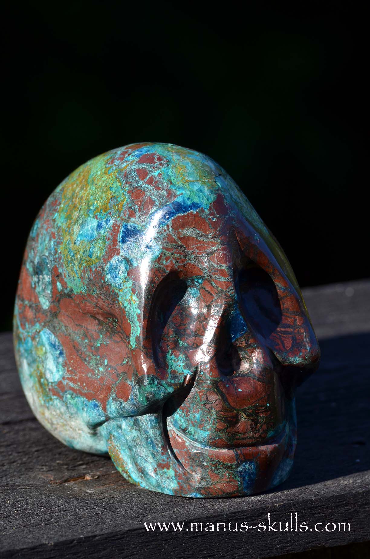 Manus skulls unique Crystal Carvings handmade skulls dragons pendants preseli bluestone tribals spiritual meaning Quantum Quattro Chrysocolla, Dioptase, Malachite, and Shattuckite  Smokey Quartz Manus Skull