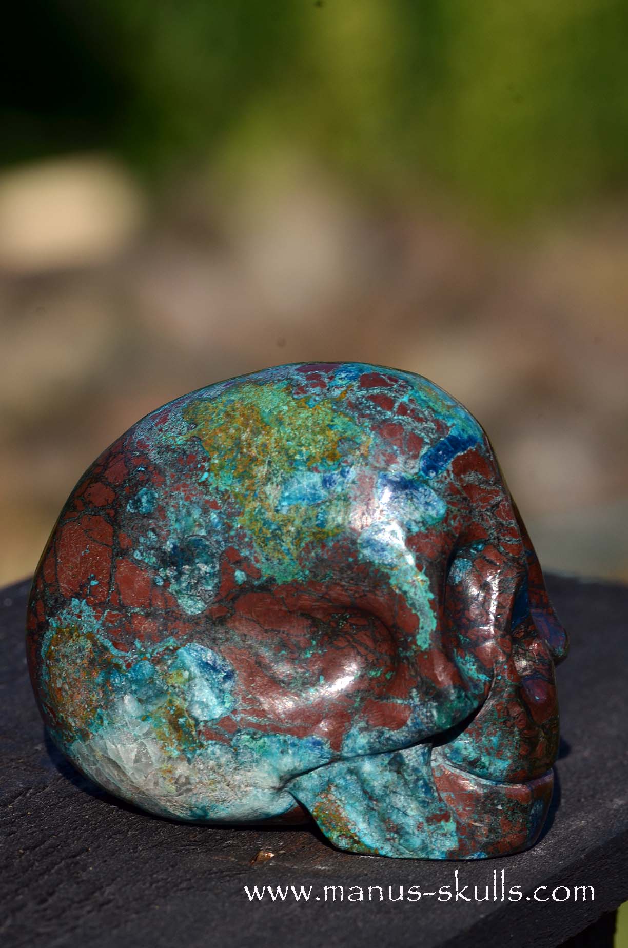 Manus skulls unique Crystal Carvings handmade skulls dragons pendants preseli bluestone tribals spiritual meaning Quantum Quattro Chrysocolla, Dioptase, Malachite, and Shattuckite  Smokey Quartz Manus Skull