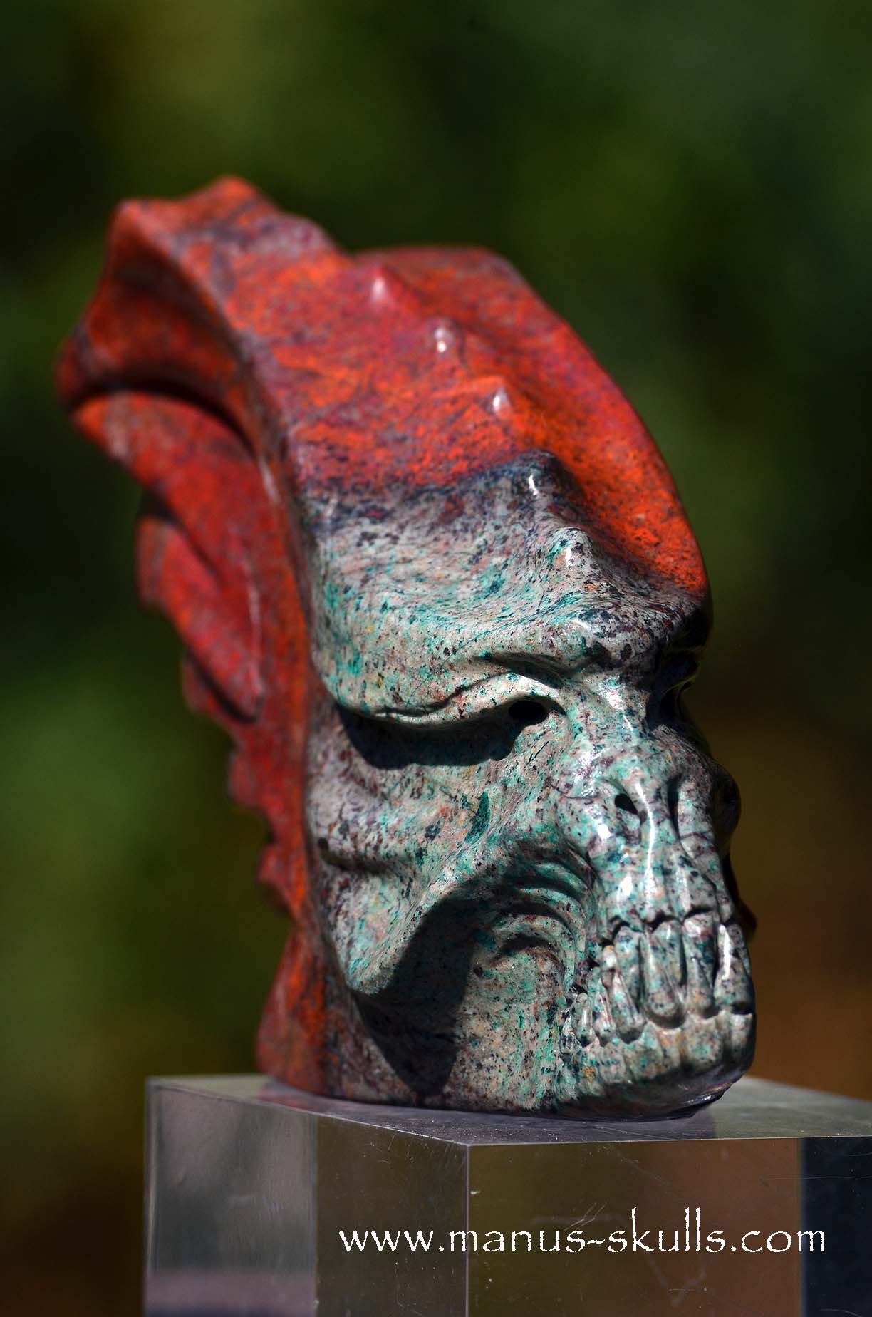 Manus skulls unique Crystal Carvings handmade skulls dragons pendants preseli bluestone tribals spiritual meaning wand Unicorn .. Sonora Sunrise Sunset Jasper