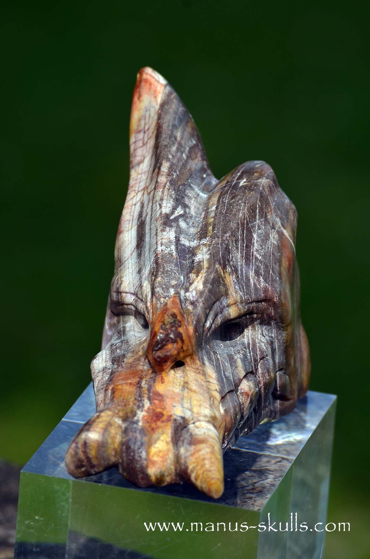 Manus skulls unique Crystal Carvings handmade skulls dragons pendants preseli bluestone tribals spiritual meaning wand Unicorn .. petrified wood