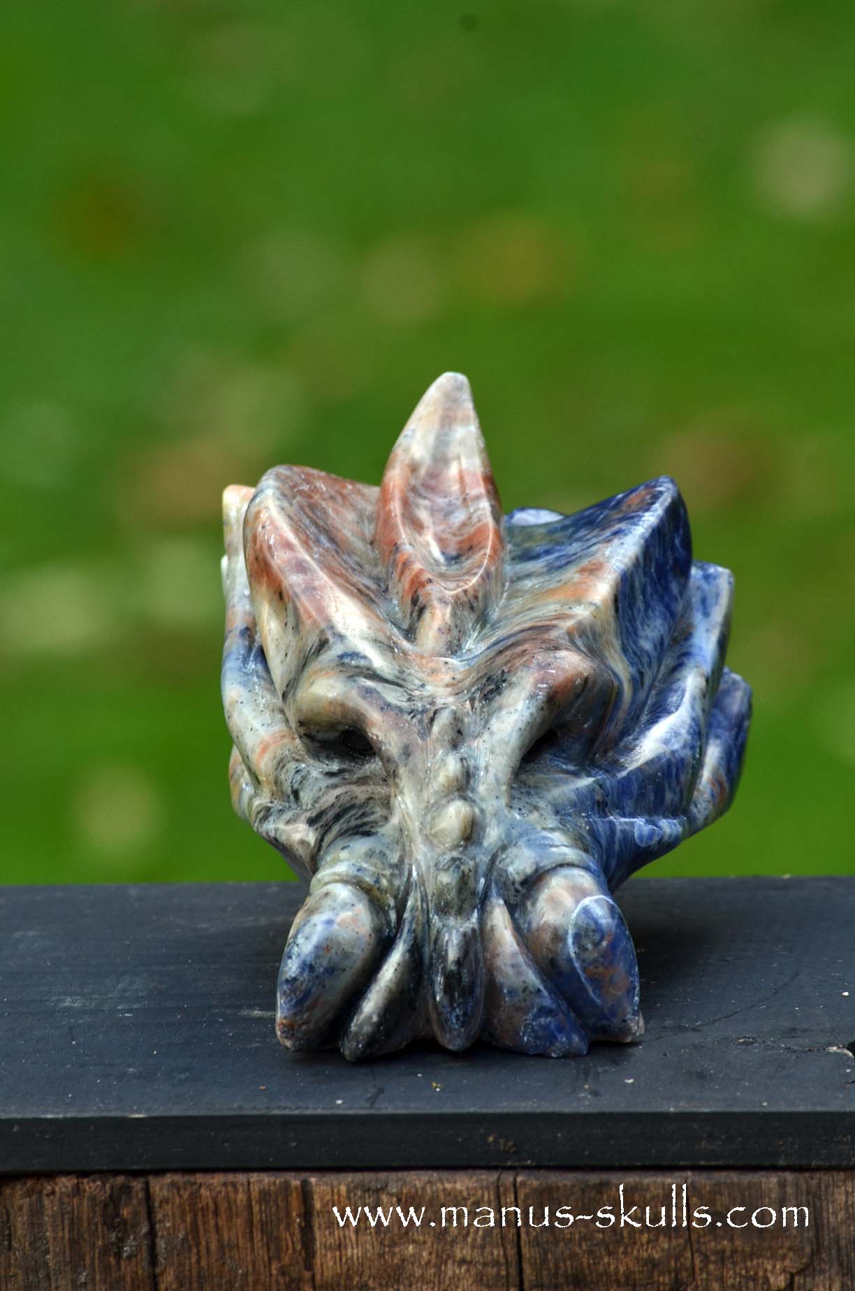 Manus skulls unique Crystal Carvings handmade skulls dragons pendants preseli bluestone tribals spiritual meaning wand Unicorn ..  sunset sodalite