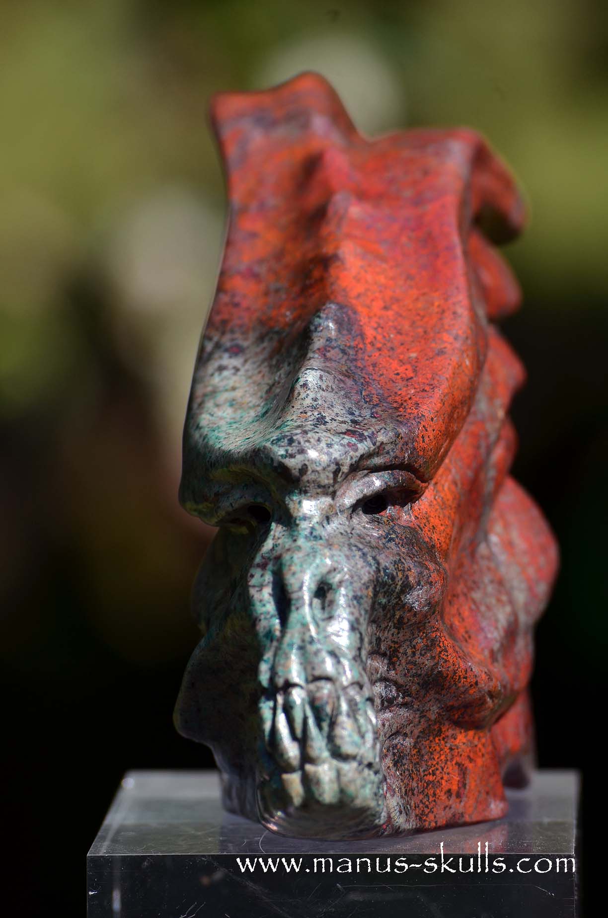 Manus skulls unique Crystal Carvings handmade skulls dragons pendants preseli bluestone tribals spiritual meaning wand Unicorn .. Sonora Sunrise Sunset Jasper