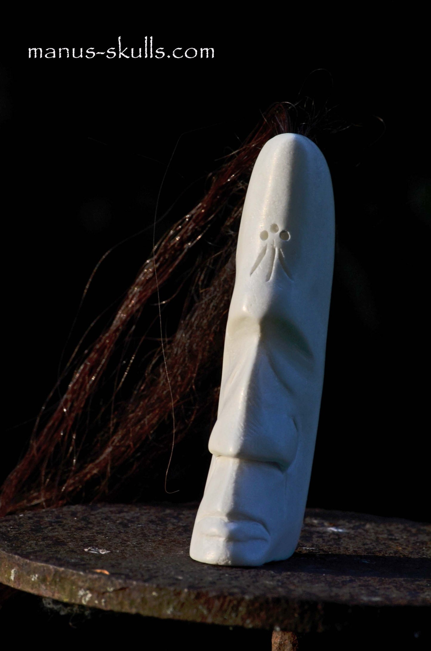 White Steatite Tribal Skull with Awen Symbol #049