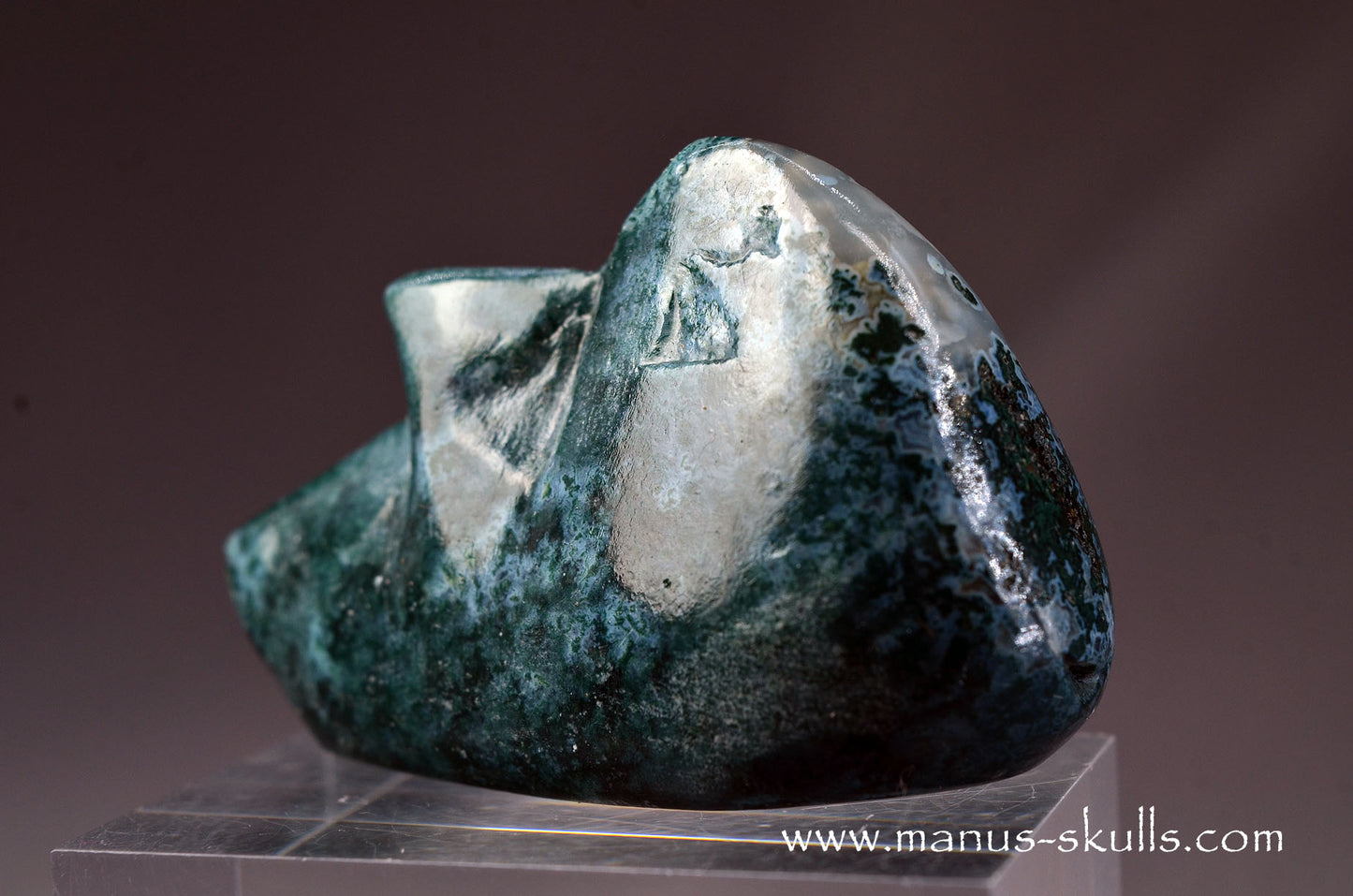 Happy Whistling Moss Agate Skull face