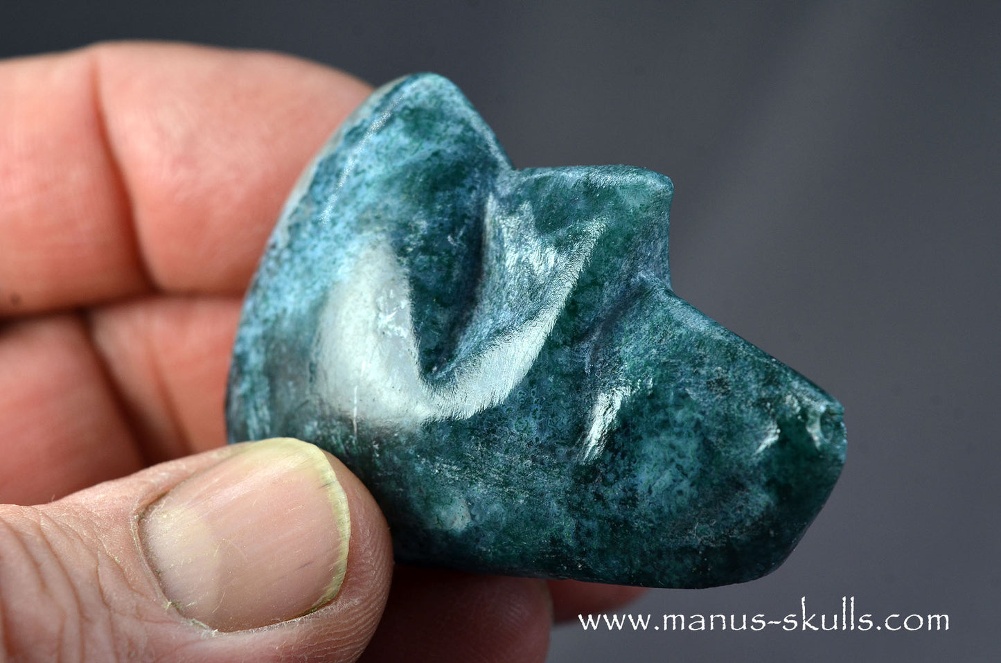 Happy Whistling Moss Agate Skull face