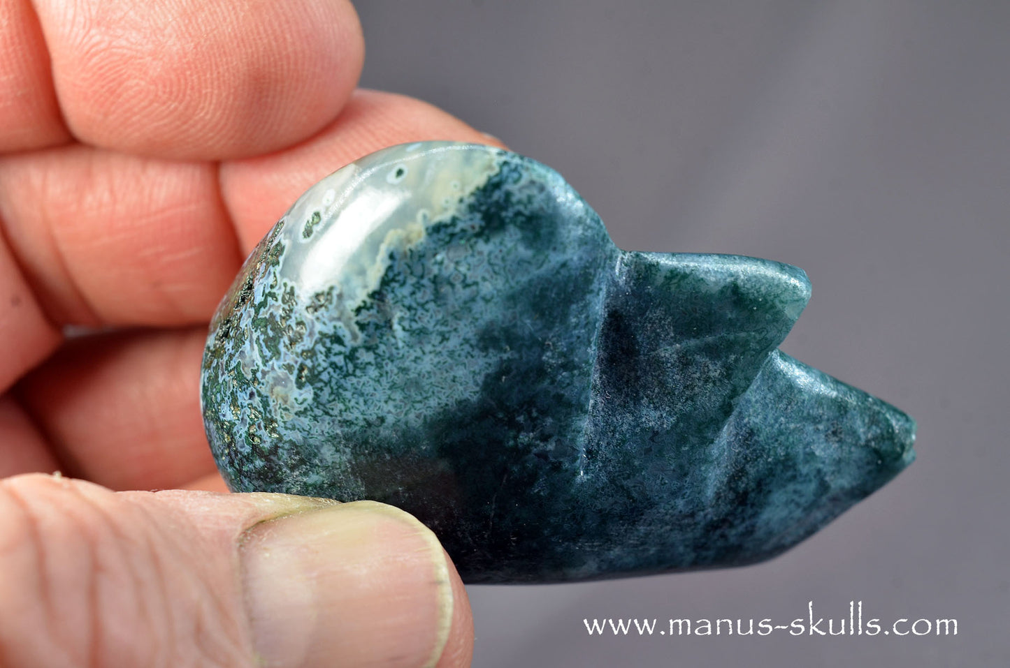 Happy Whistling Moss Agate Skull face
