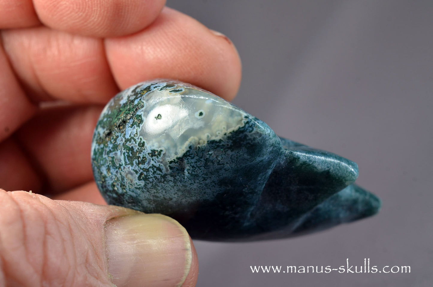 Happy Whistling Moss Agate Skull face