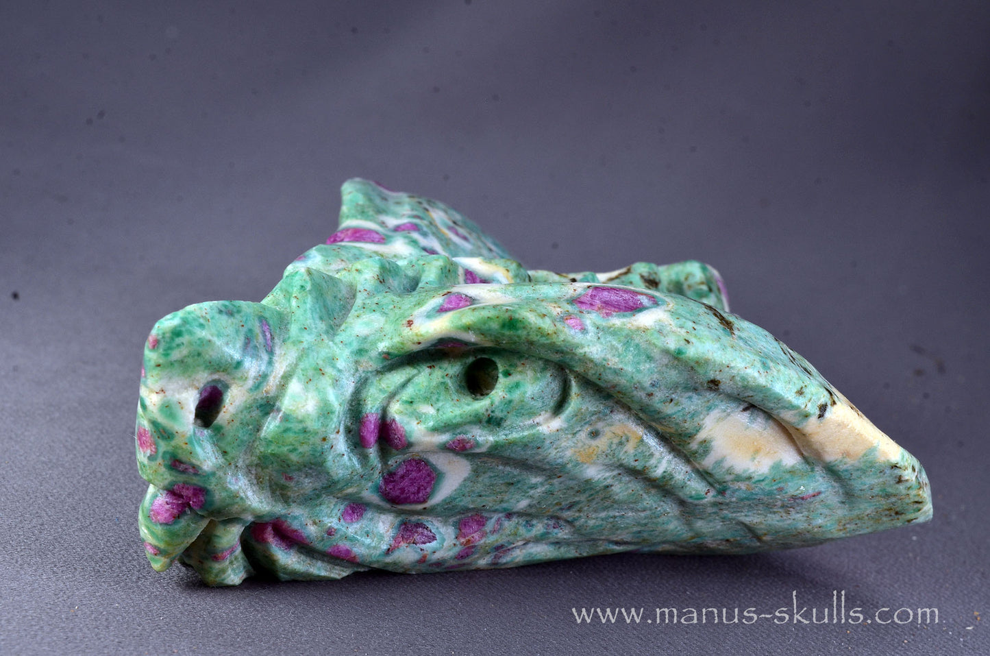 Manus skulls unique Crystal Carvings handmade skulls dragons pendants preseli bluestone tribals spiritual meaning wand Unicorn ..  ruby in fuchsite