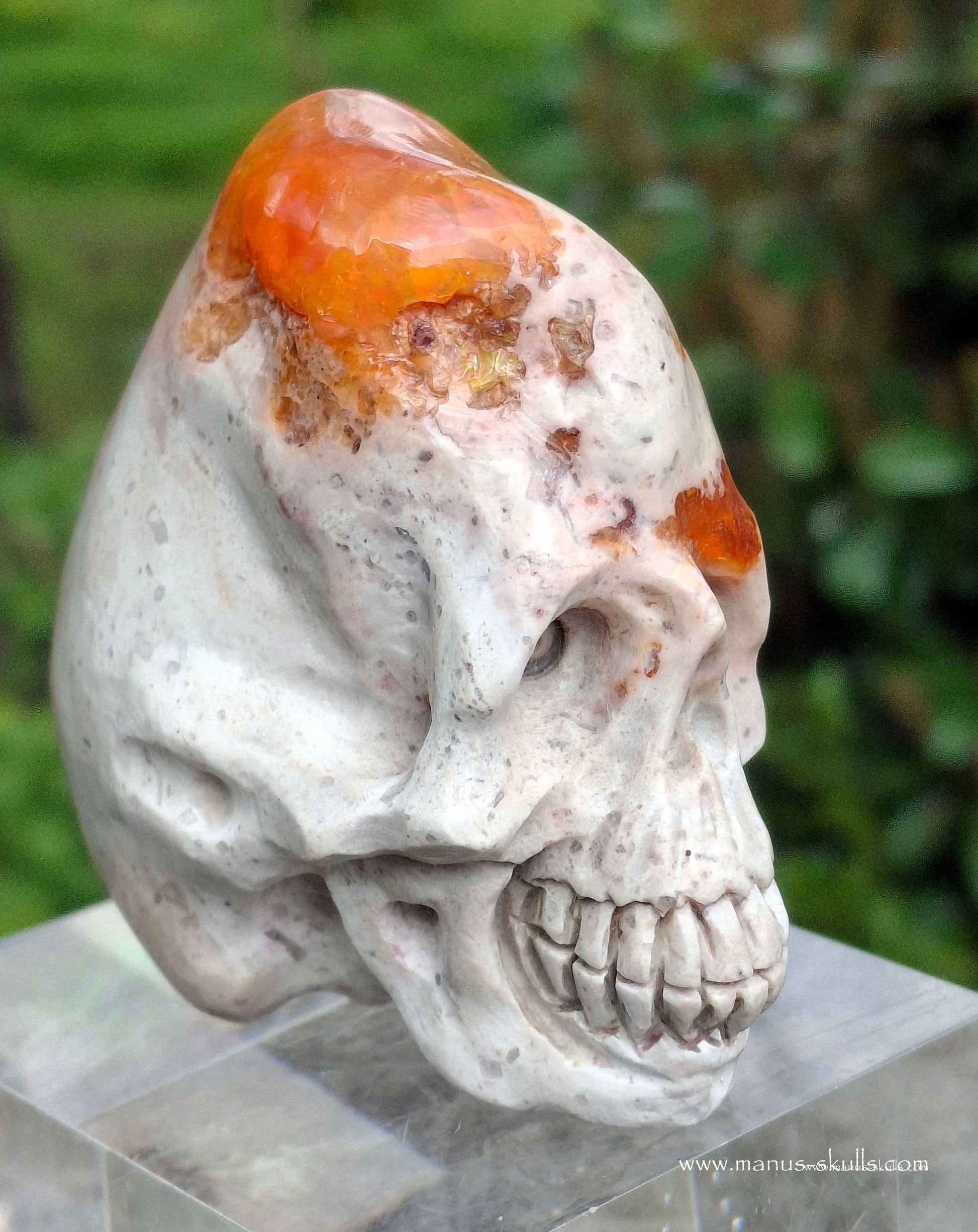 Manus skulls unique Crystal Carvings handmade skulls dragons pendants preseli bluestone tribals spiritual meaning wand Unicorn ..  fire opal