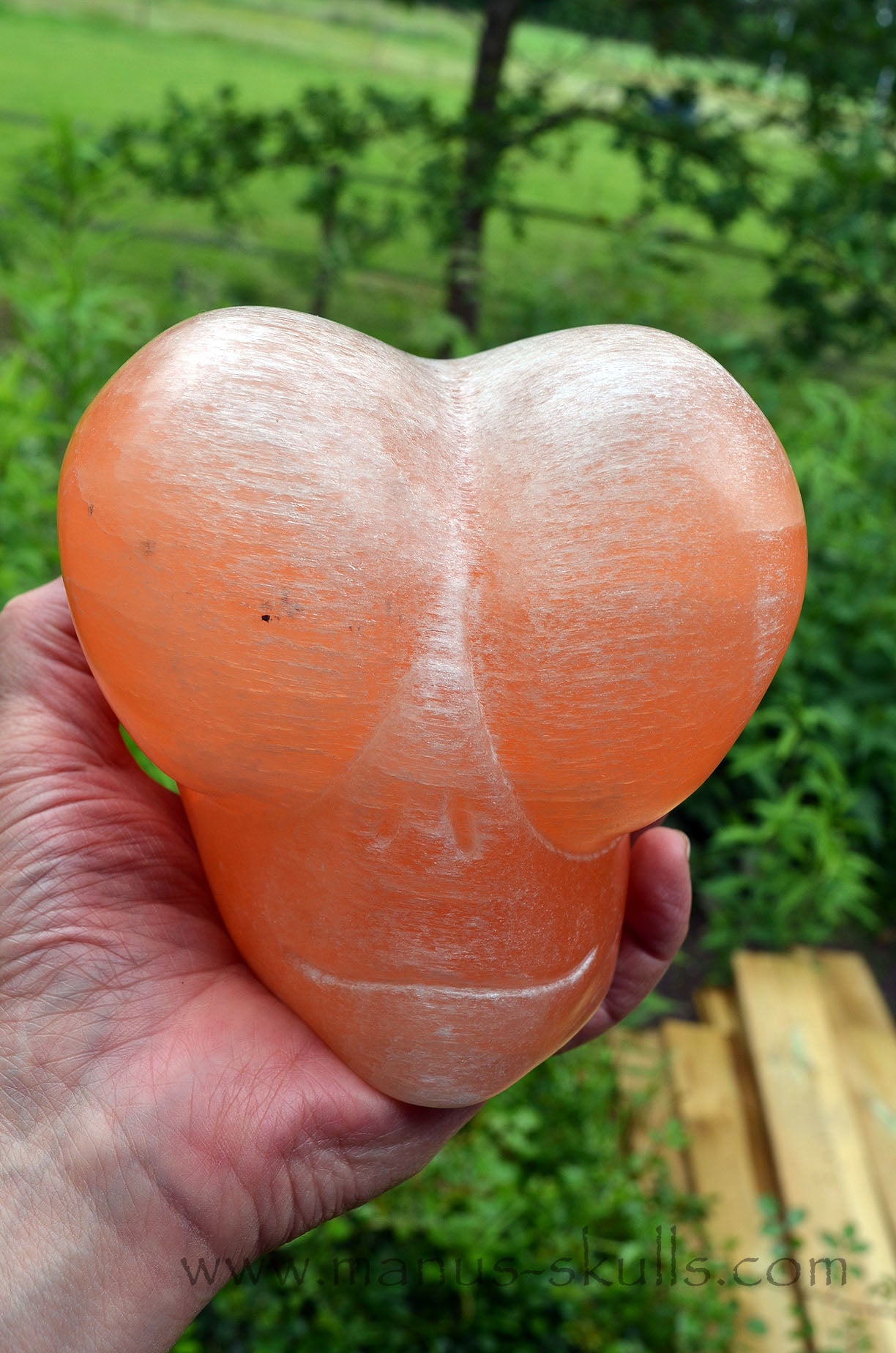 Peach Selenite Dragolian Skull #026