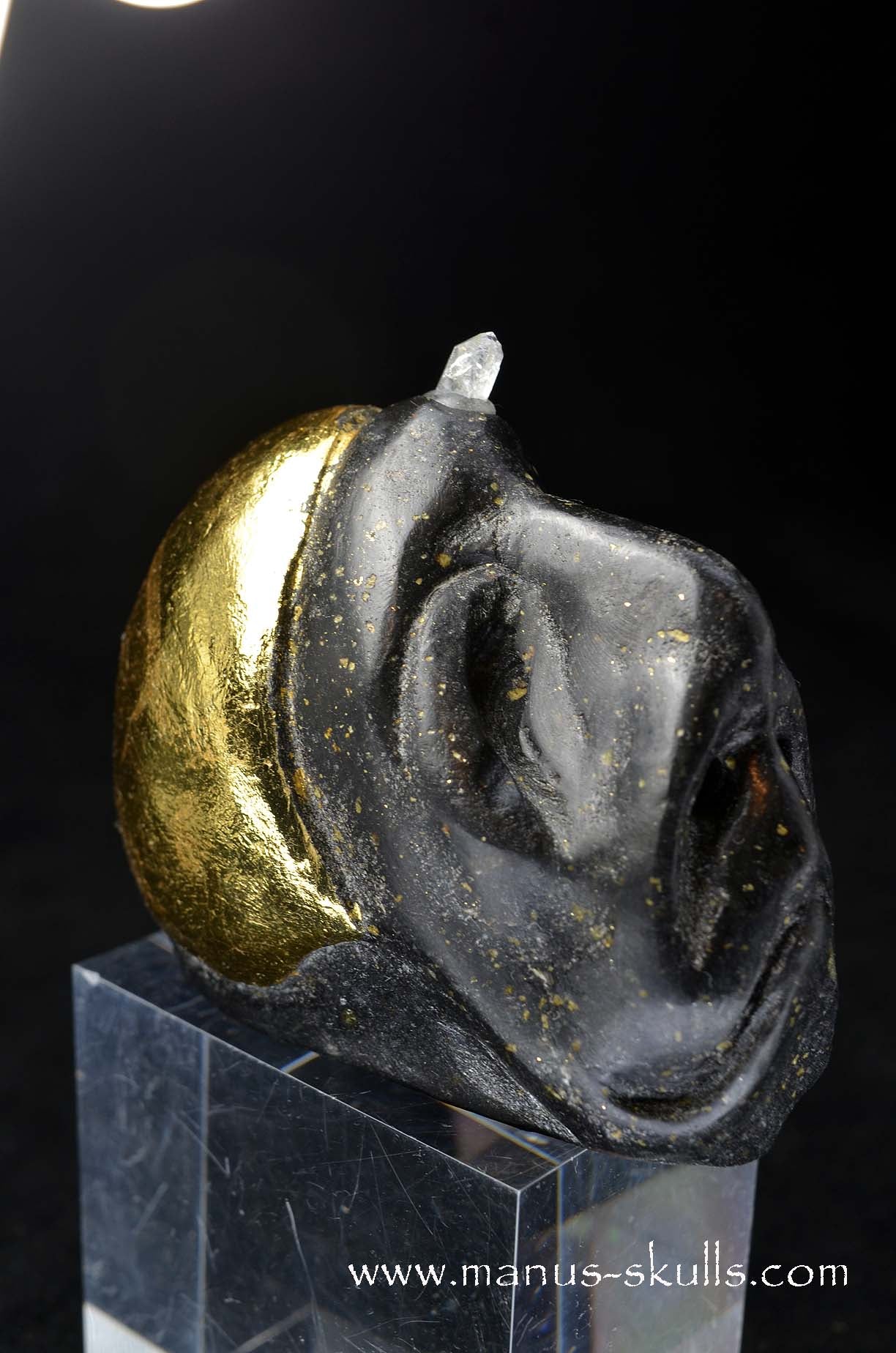 Manus skulls unique Crystal Carvings handmade skulls dragons pendants preseli bluestone tribals spiritual meaning wand Unicorn .. starlight being basalt gold leaf Herkimer diamond