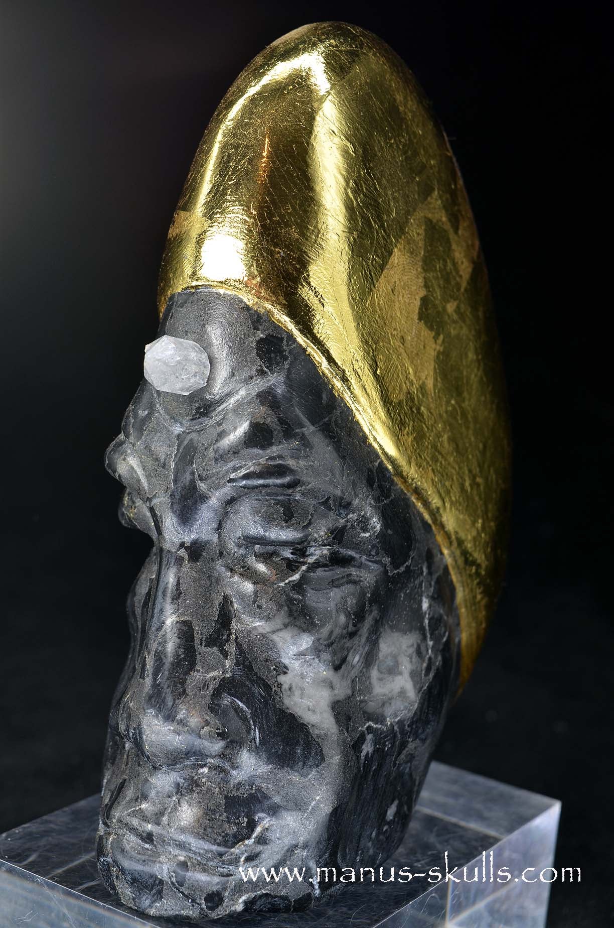 Manus skulls unique Crystal Carvings handmade skulls dragons pendants preseli bluestone tribals spiritual meaning wand Unicorn .. starlight being basalt gold leaf Herkimer diamond