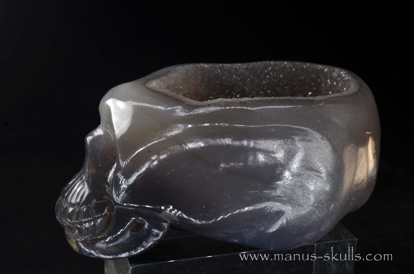 Open minded Chalcedony Geode Skull