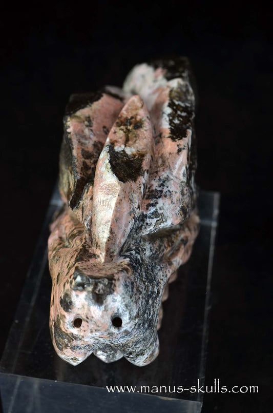 Manus skulls unique Crystal Carvings handmade skulls dragons pendants preseli bluestone tribals spiritual meaning wand Unicorn .. Pyroxmangite (Rhodonite)