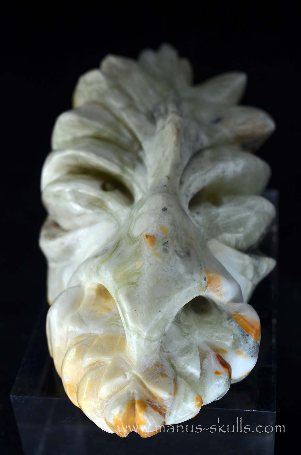 Manus skulls unique Crystal Carvings handmade skulls dragons pendants preseli bluestone tribals spiritual meaning wand Unicorn .. prehnite