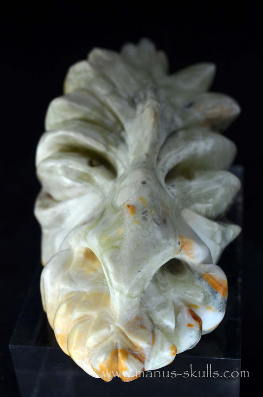 Manus skulls unique Crystal Carvings handmade skulls dragons pendants preseli bluestone tribals spiritual meaning wand Unicorn .. prehnite