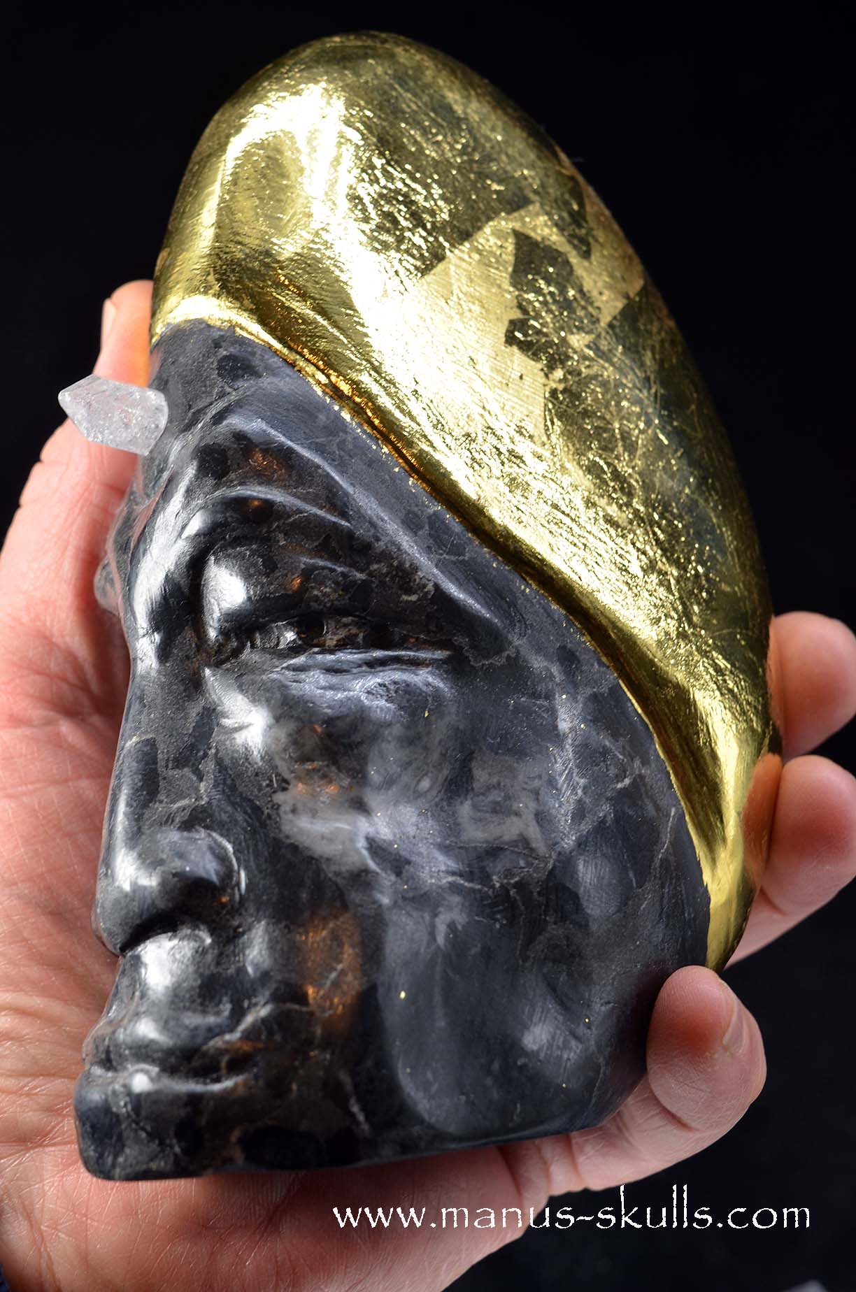 Manus skulls unique Crystal Carvings handmade skulls dragons pendants preseli bluestone tribals spiritual meaning wand Unicorn .. starlight being basalt gold leaf Herkimer diamond