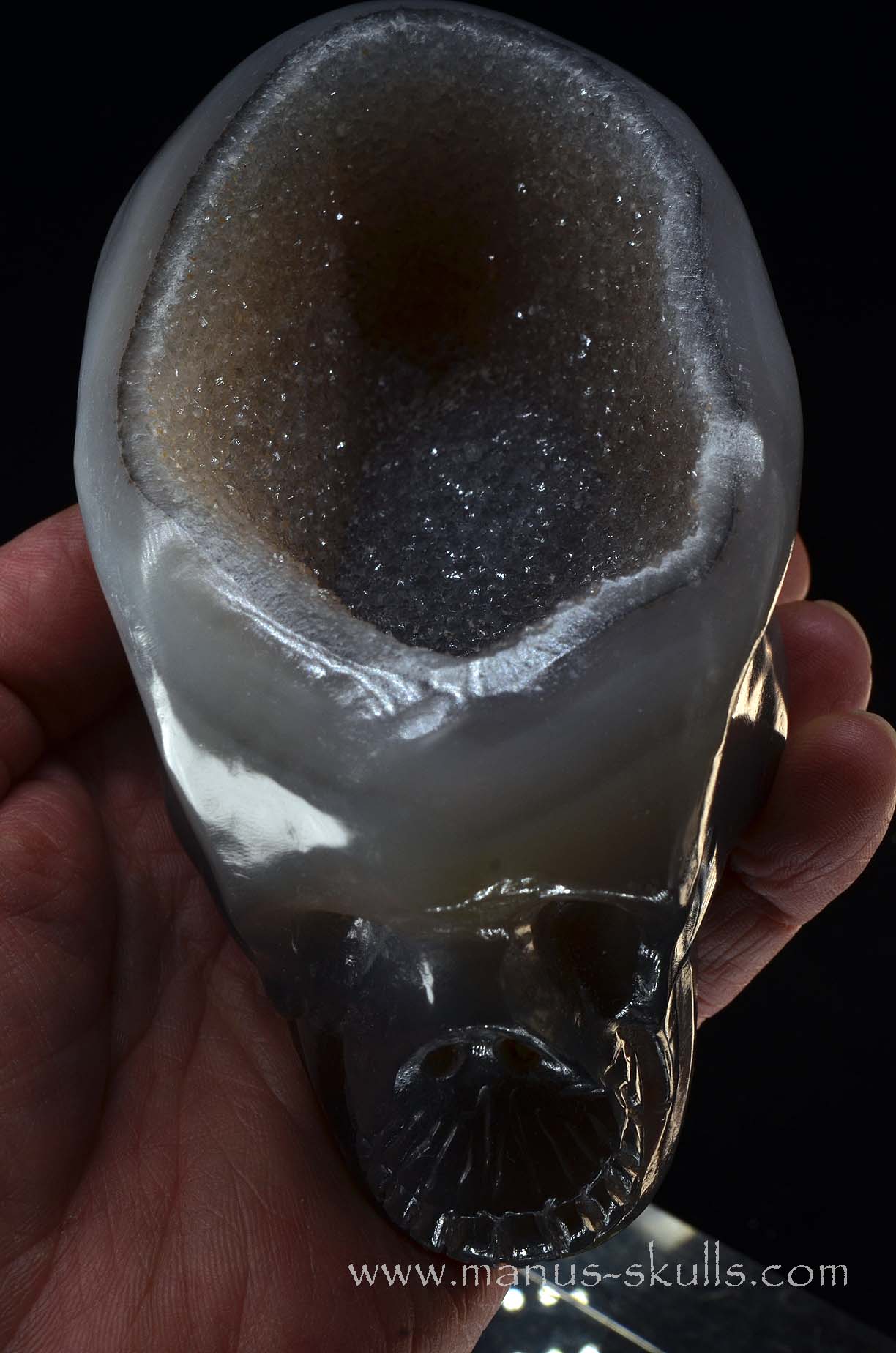 Open minded Chalcedony Geode Skull