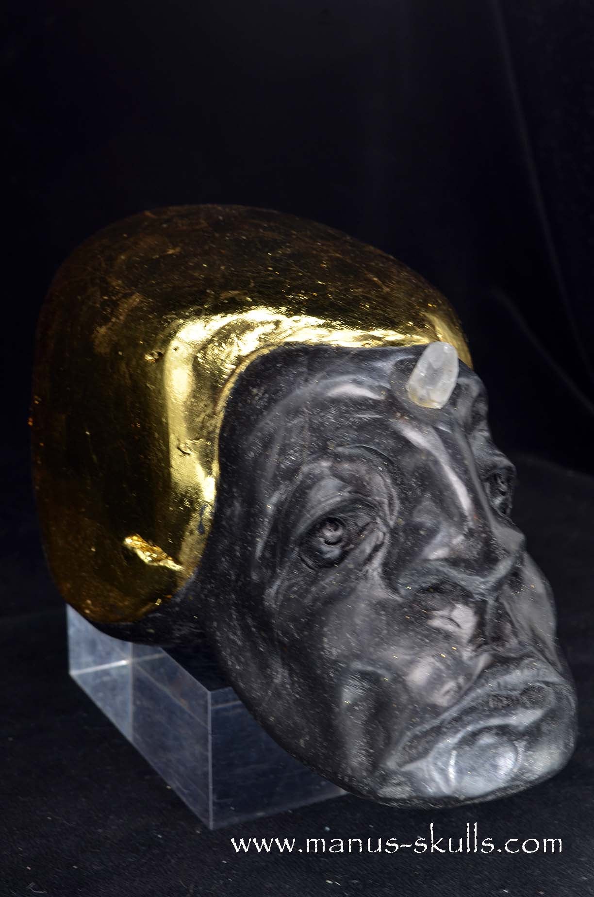 Manus skulls unique Crystal Carvings handmade skulls dragons pendants preseli bluestone tribals spiritual meaning wand Unicorn .. starlight being basalt gold leaf Herkimer diamond