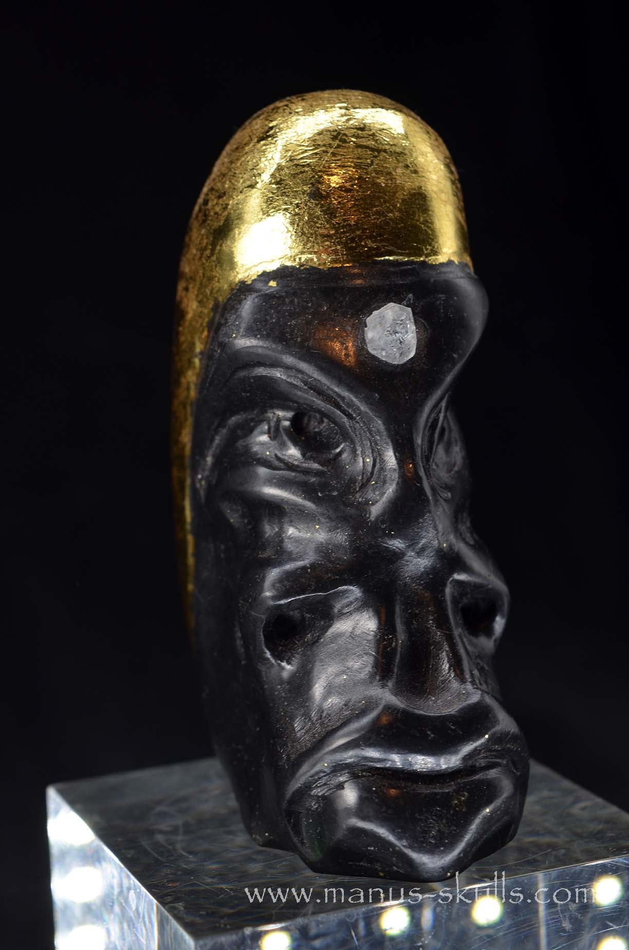 Manus skulls unique Crystal Carvings handmade skulls dragons pendants preseli bluestone tribals spiritual meaning wand Unicorn .. starlight being basalt gold leaf Herkimer diamond