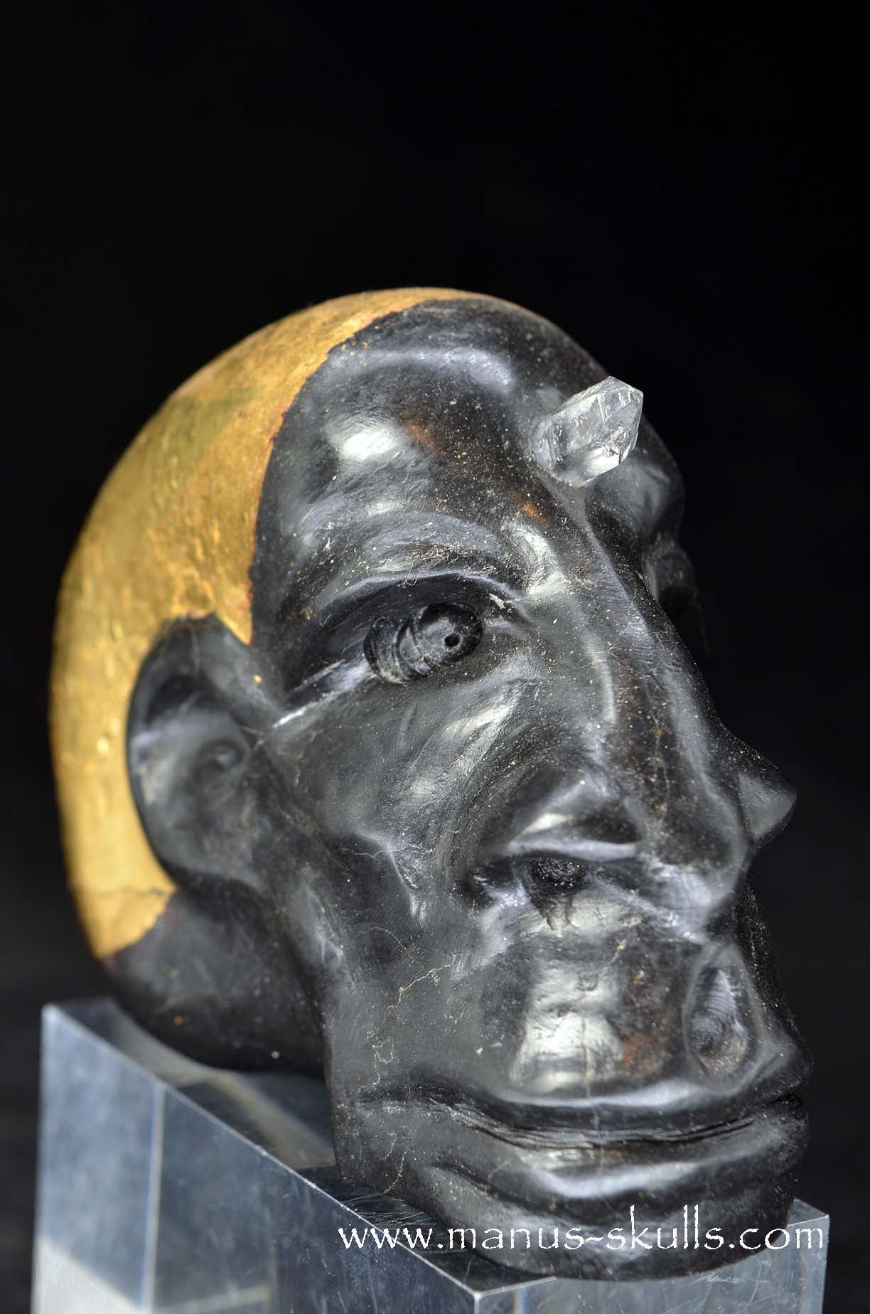 Manus skulls unique Crystal Carvings handmade skulls dragons pendants preseli bluestone tribals spiritual meaning wand Unicorn .. starlight being basalt gold leaf Herkimer diamond