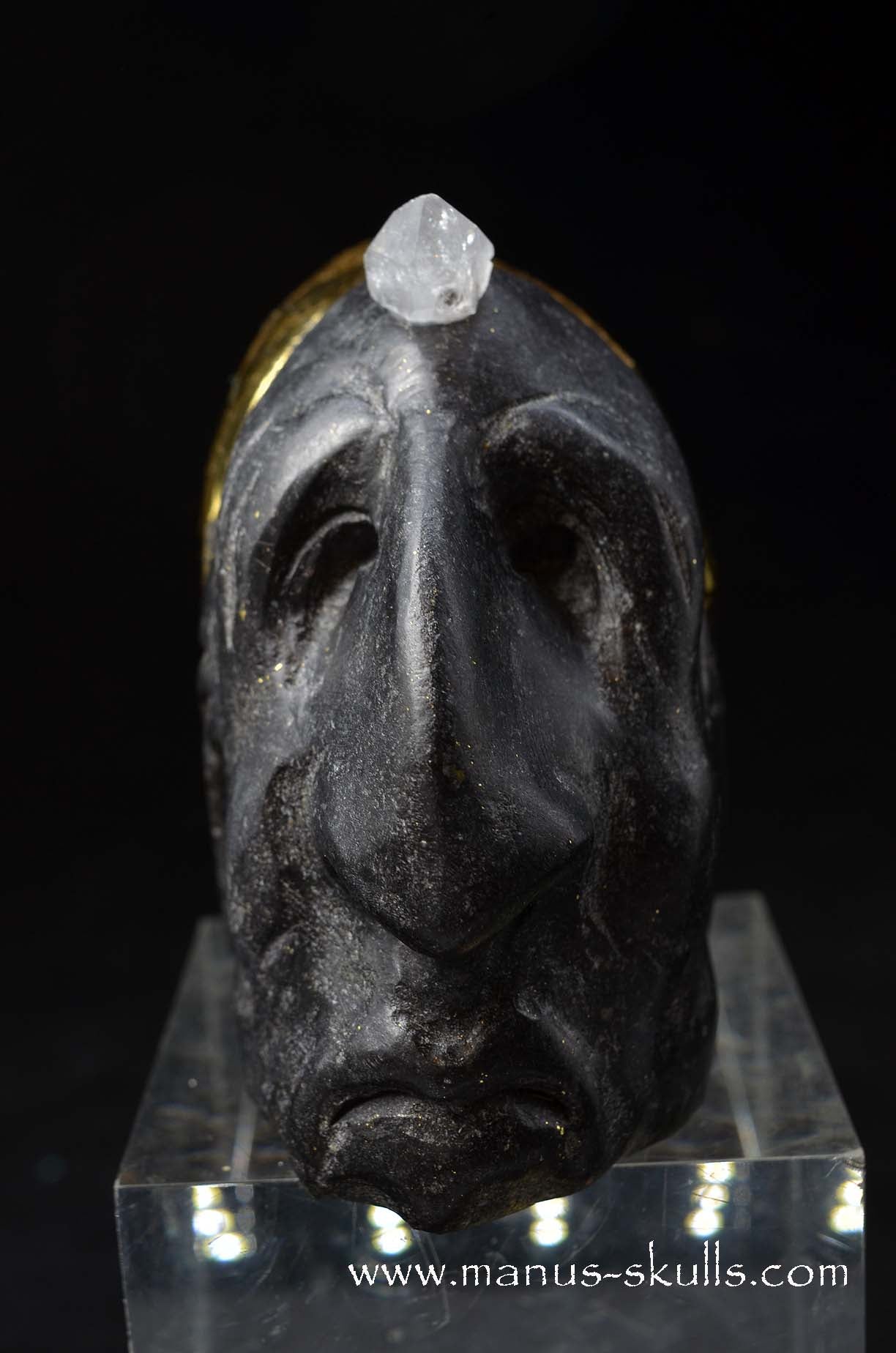 Manus skulls unique Crystal Carvings handmade skulls dragons pendants preseli bluestone tribals spiritual meaning wand Unicorn .. starlight being basalt gold leaf Herkimer diamond