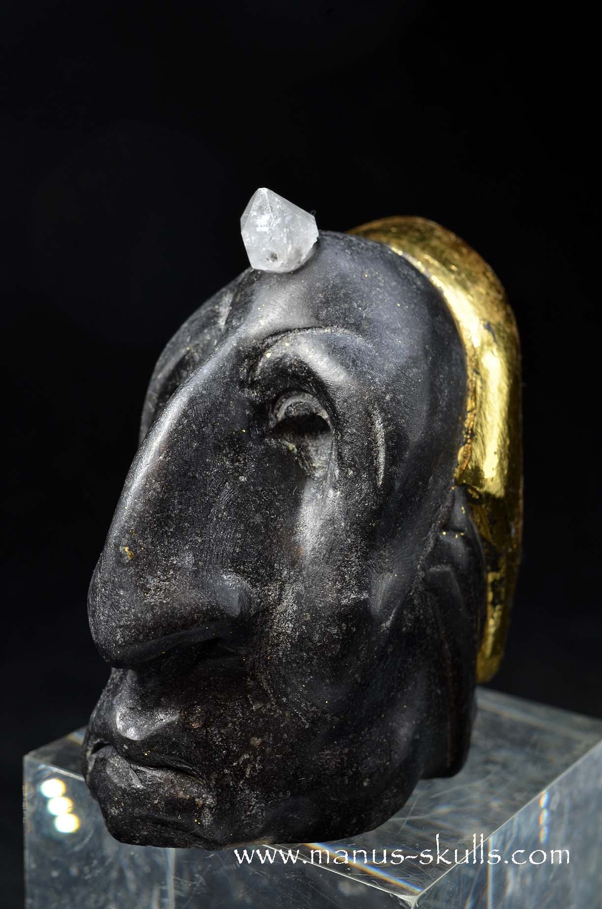 Manus skulls unique Crystal Carvings handmade skulls dragons pendants preseli bluestone tribals spiritual meaning wand Unicorn .. starlight being basalt gold leaf Herkimer diamond