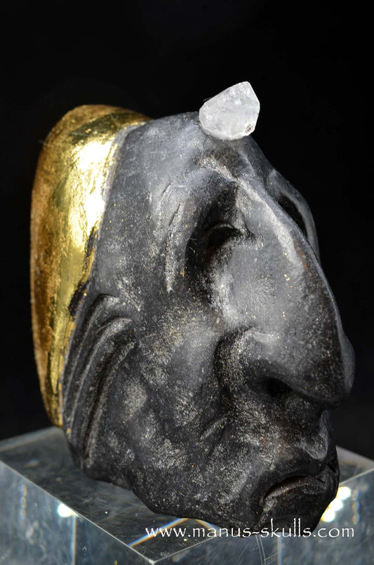 Manus skulls unique Crystal Carvings handmade skulls dragons pendants preseli bluestone tribals spiritual meaning wand Unicorn .. starlight being basalt gold leaf Herkimer diamond