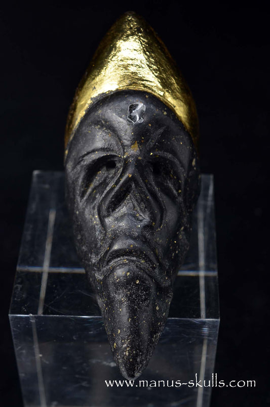 Manus skulls unique Crystal Carvings handmade skulls dragons pendants preseli bluestone tribals spiritual meaning wand Unicorn .. starlight being basalt gold leaf Herkimer diamond