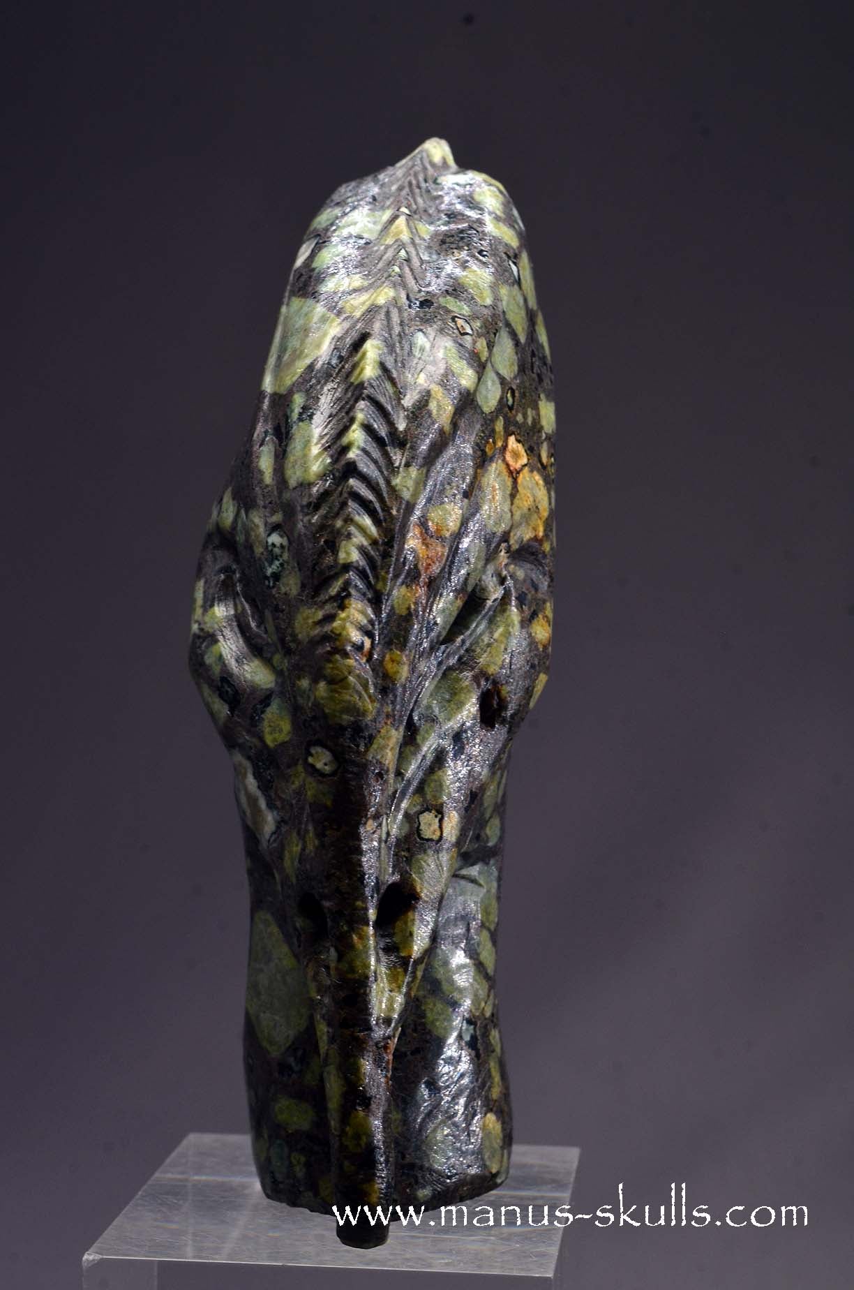 Manus skulls unique Crystal Carvings handmade skulls dragons pendants preseli bluestone tribals spiritual meaning wand Unicorn .. lakelandite bird skull