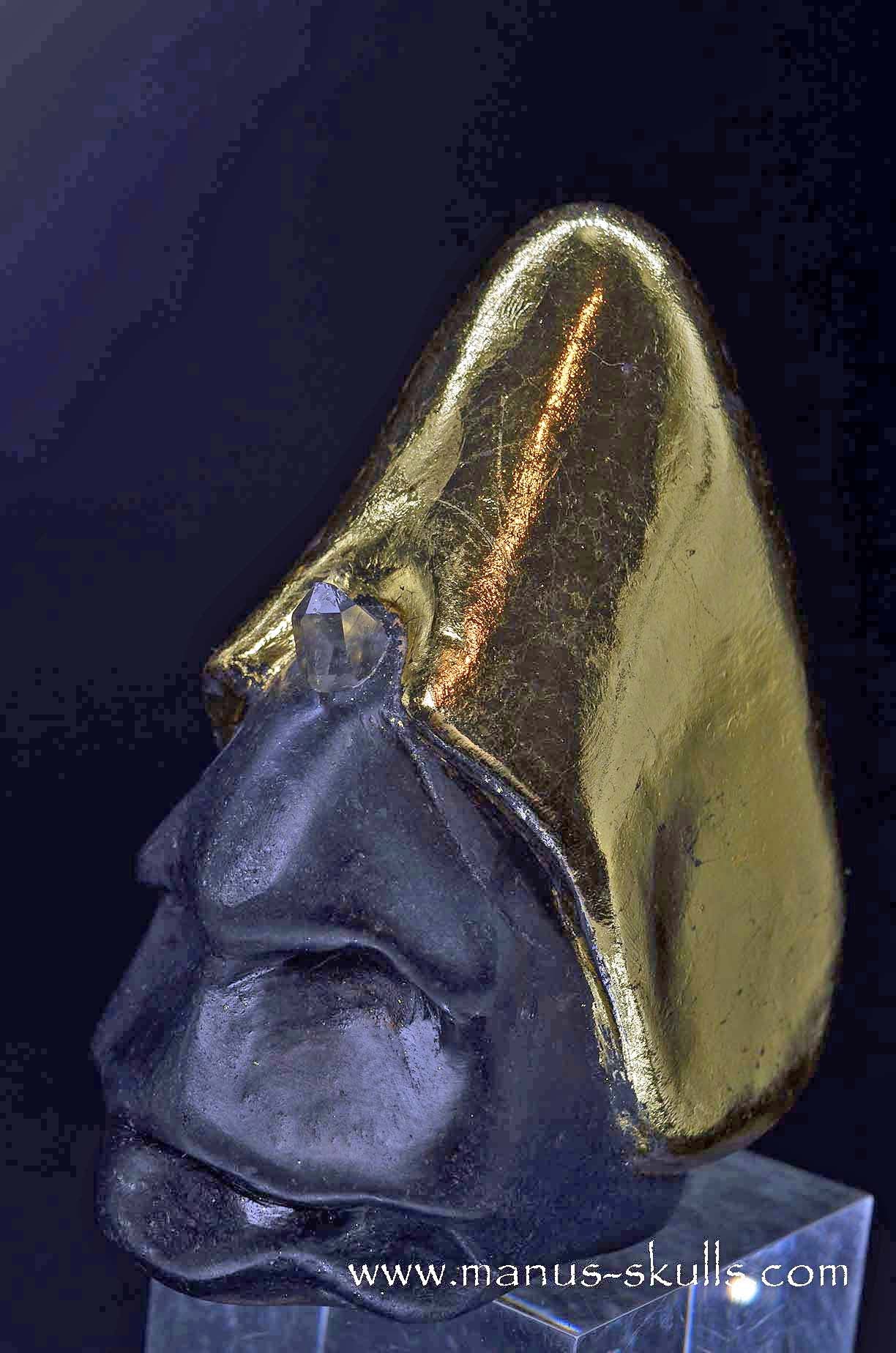 Manus skulls unique Crystal Carvings handmade skulls dragons pendants preseli bluestone tribals spiritual meaning wand Unicorn .. starlight being basalt gold leaf Herkimer diamond