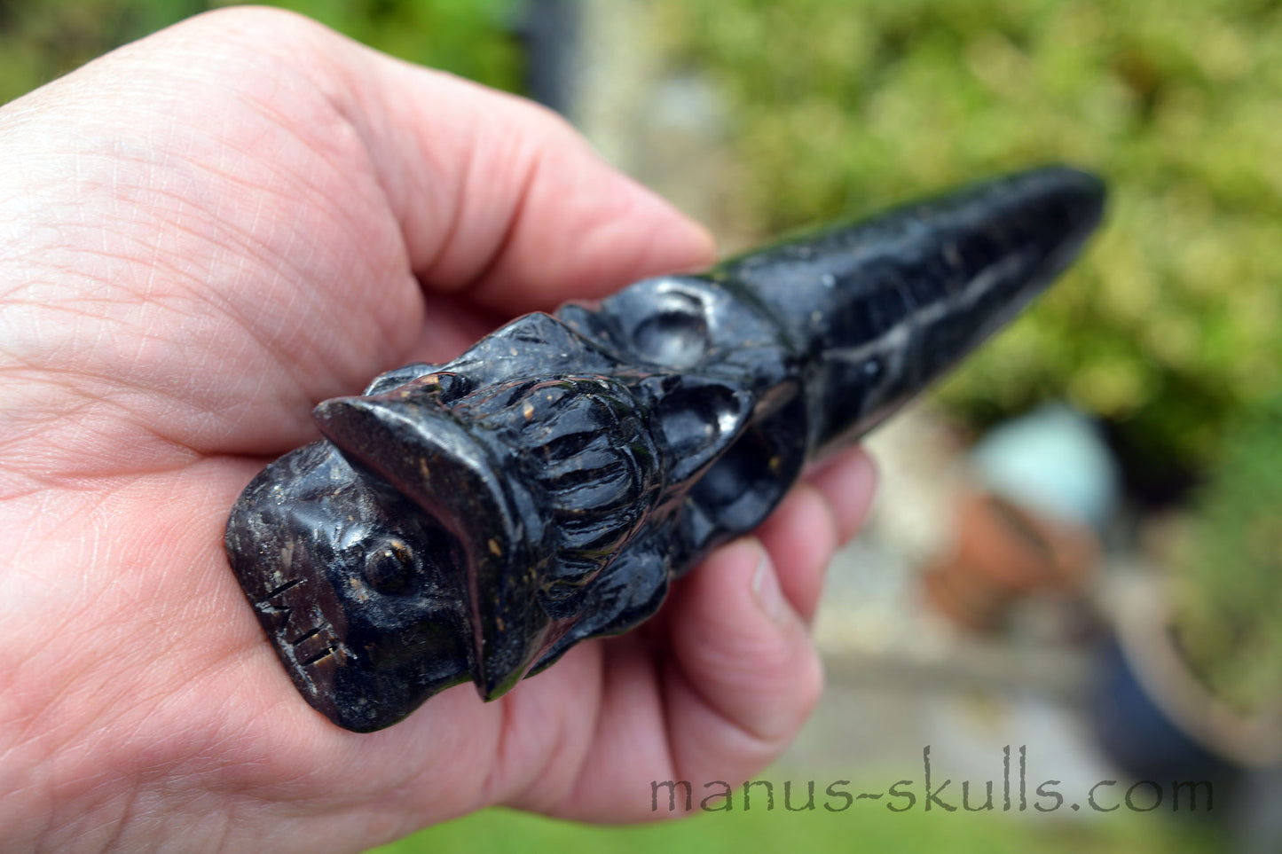 Nuummite Conehead Merlin Wand Skull .....