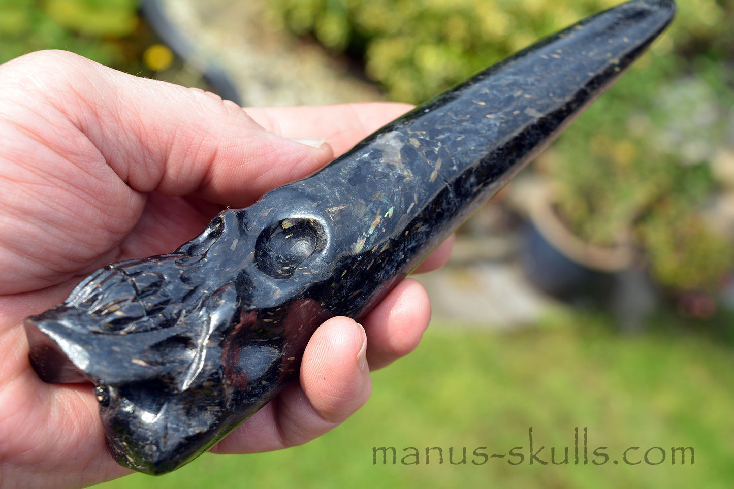 Nuummite Conehead Merlin Wand Skull .....