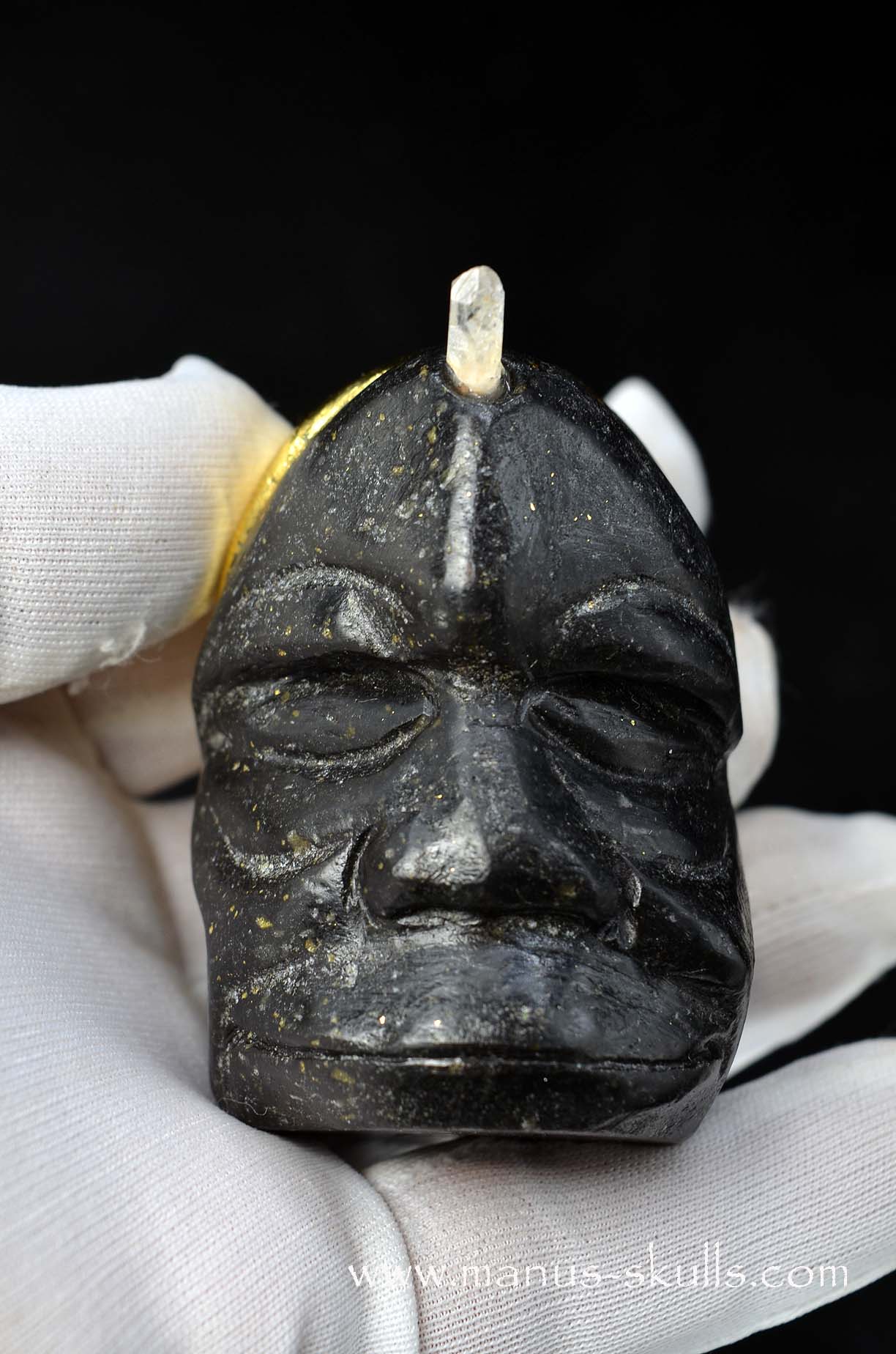 Manus skulls unique Crystal Carvings handmade skulls dragons pendants preseli bluestone tribals spiritual meaning wand Unicorn .. starlight being basalt gold leaf Herkimer diamond