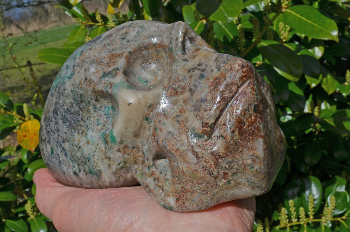 Large Fluorite in Barite and Pyrite, Toothless Skull