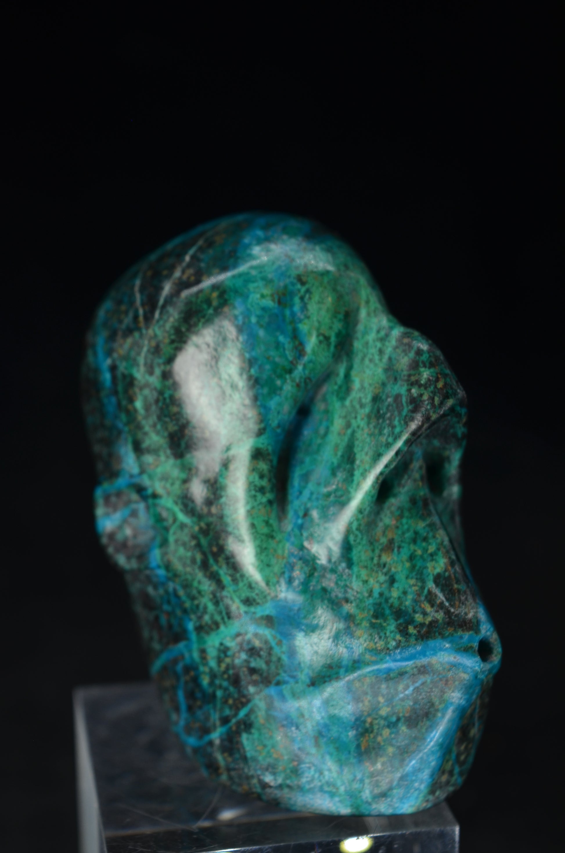 Manus skulls unique Crystal Carvings handmade skulls dragons pendants preseli bluestone tribals spiritual meaning wand Unicorn ..  Chrysocolla