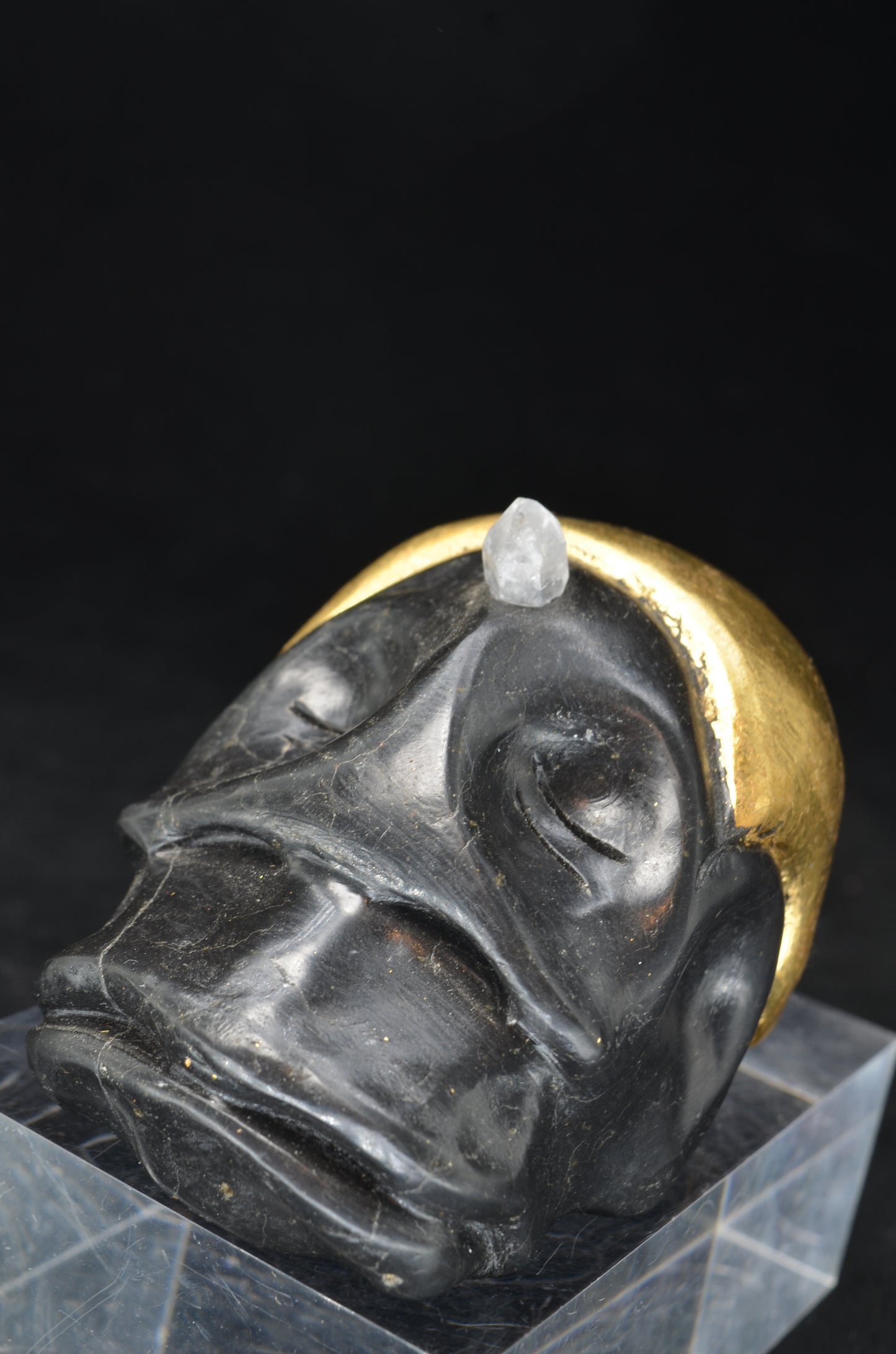 Manus skulls unique Crystal Carvings handmade skulls dragons pendants preseli bluestone tribals spiritual meaning wand Unicorn .. starlight being basalt gold leaf Herkimer diamond