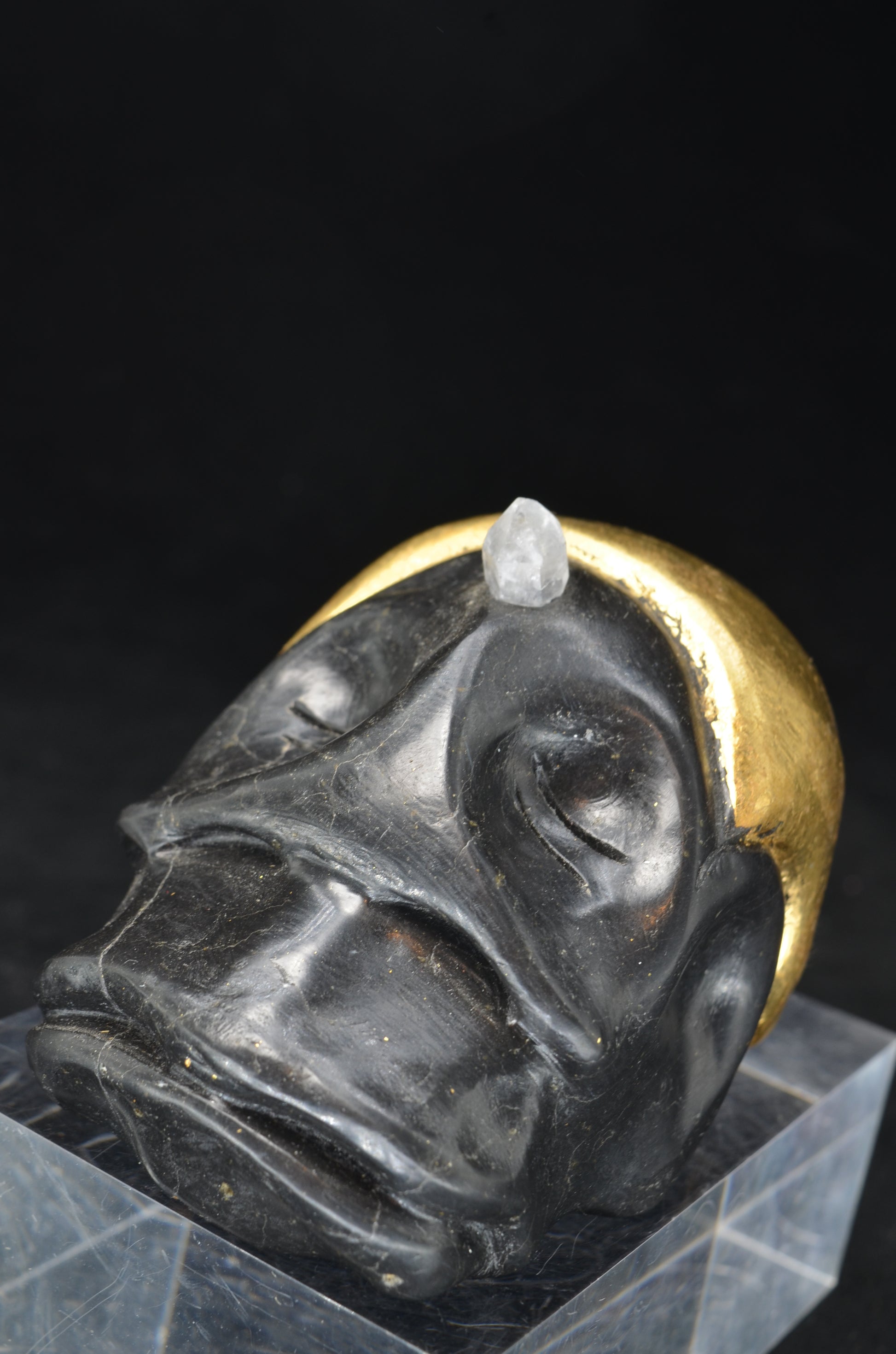 Manus skulls unique Crystal Carvings handmade skulls dragons pendants preseli bluestone tribals spiritual meaning wand Unicorn .. starlight being basalt gold leaf Herkimer diamond