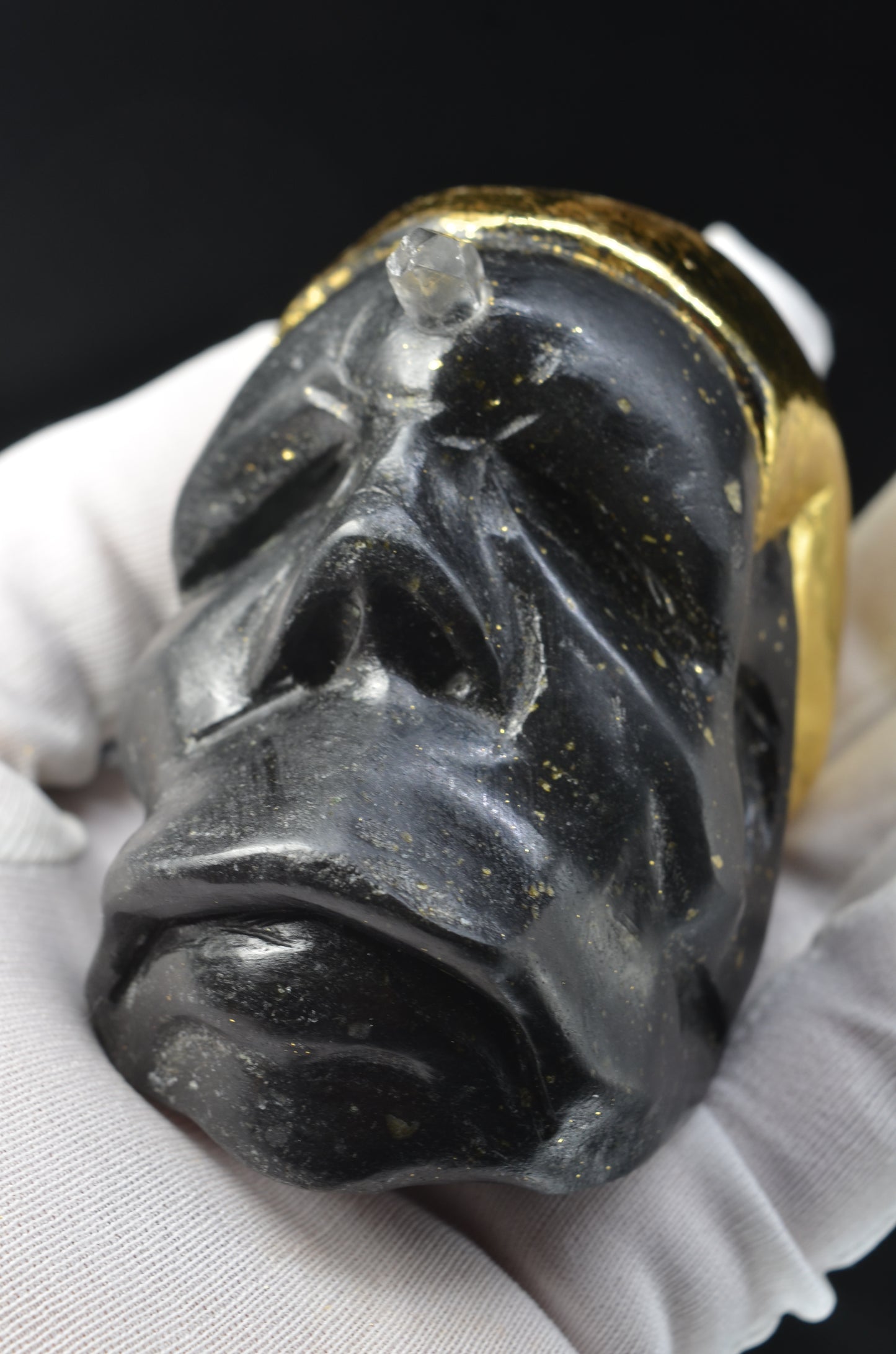 Manus skulls unique Crystal Carvings handmade skulls dragons pendants preseli bluestone tribals spiritual meaning wand Unicorn .. starlight being basalt gold leaf Herkimer diamond