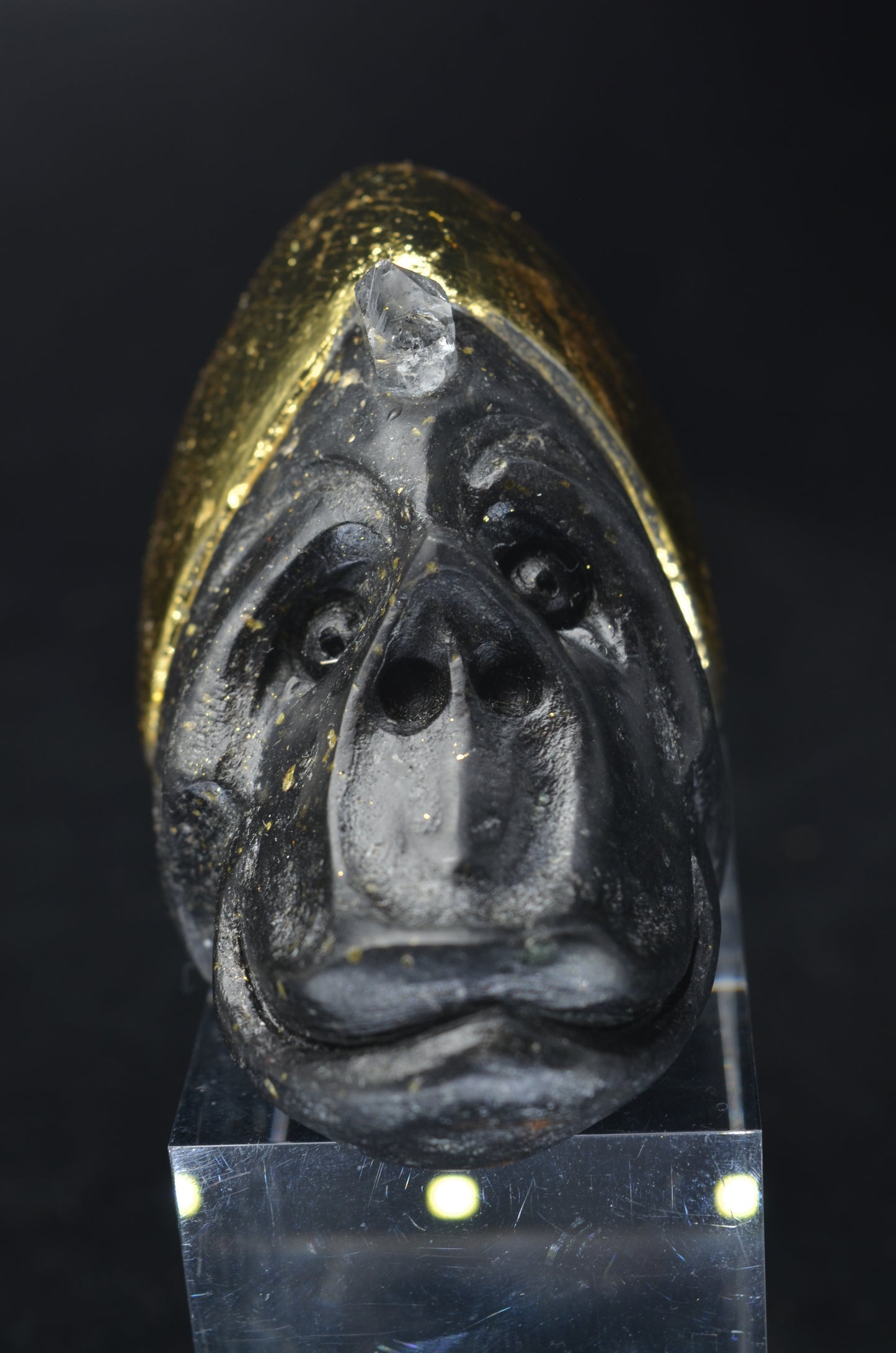 Manus skulls unique Crystal Carvings handmade skulls dragons pendants preseli bluestone tribals spiritual meaning wand Unicorn .. starlight being basalt gold leaf Herkimer diamond