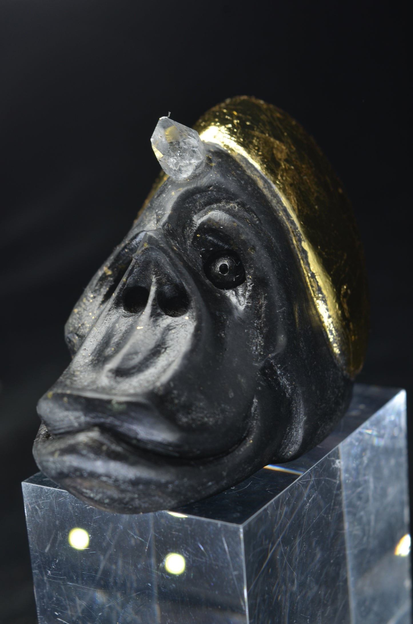 Manus skulls unique Crystal Carvings handmade skulls dragons pendants preseli bluestone tribals spiritual meaning wand Unicorn .. starlight being basalt gold leaf Herkimer diamond