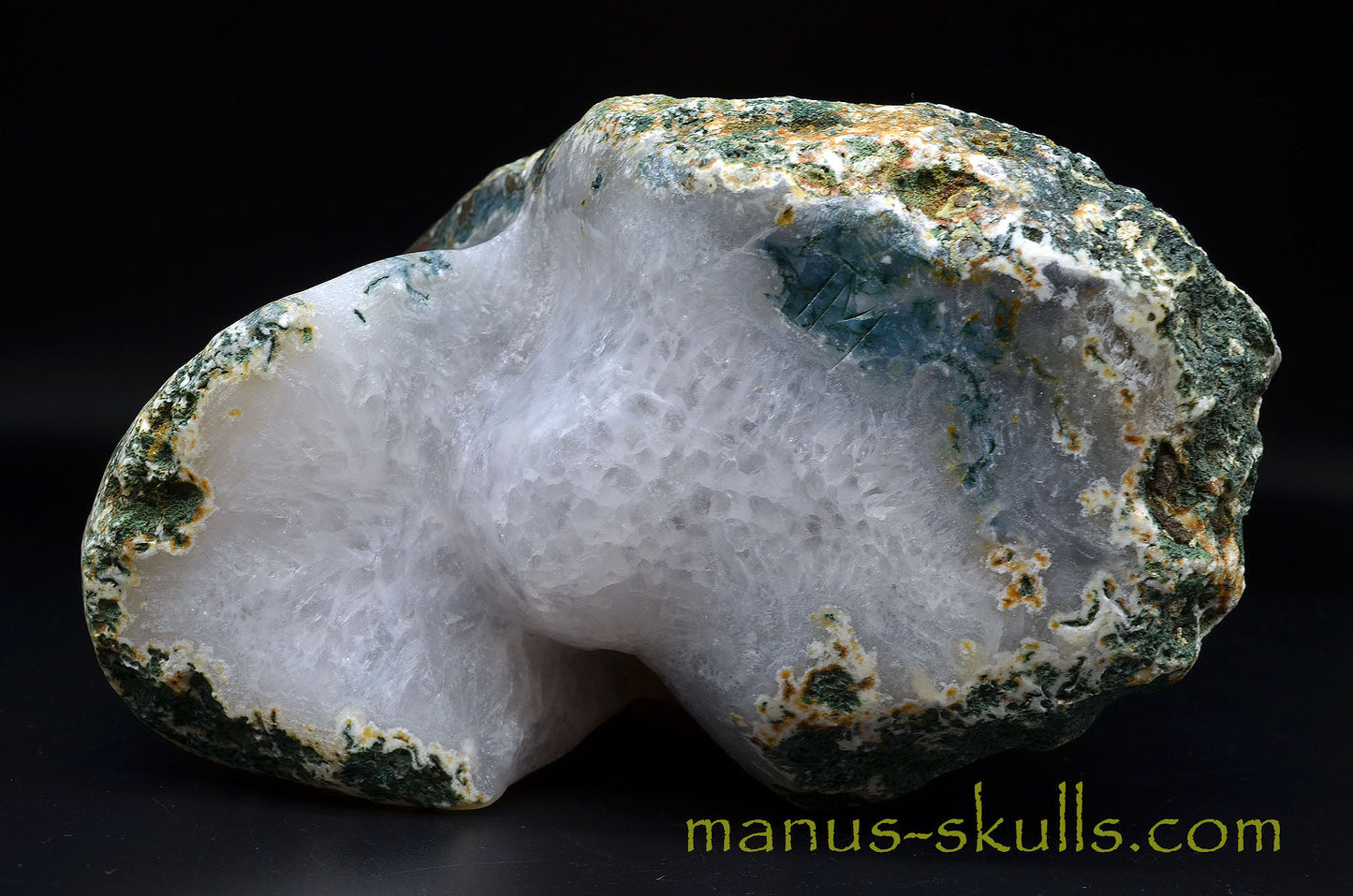 Large Moss Agate Geode Skull