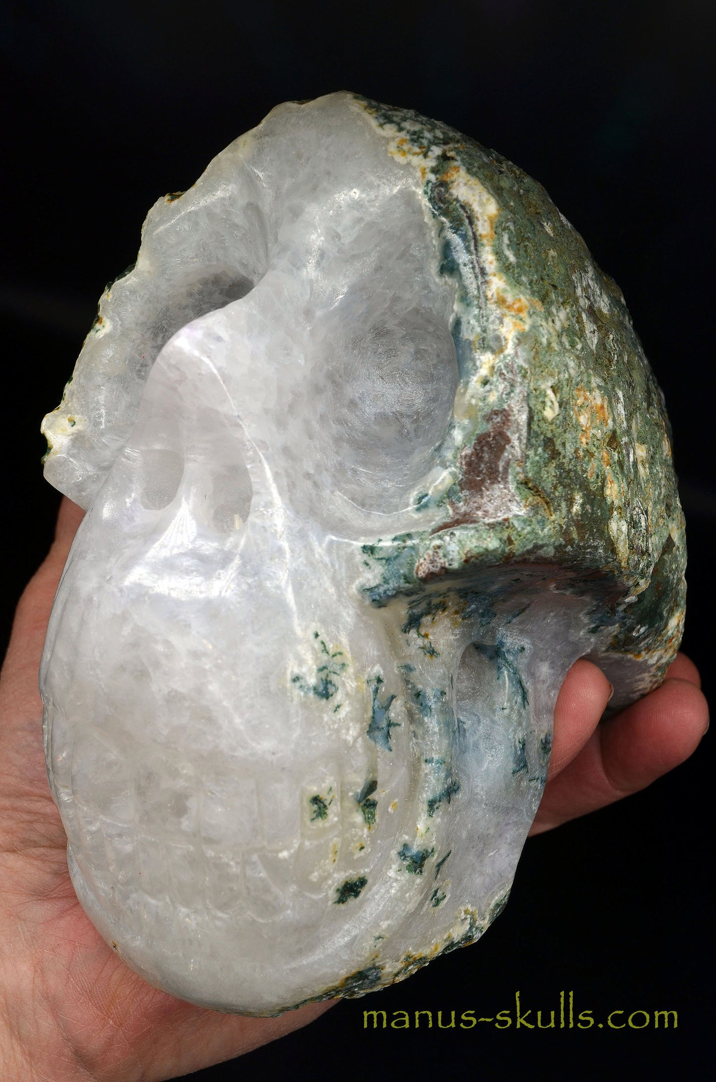 Large Moss Agate Geode Skull