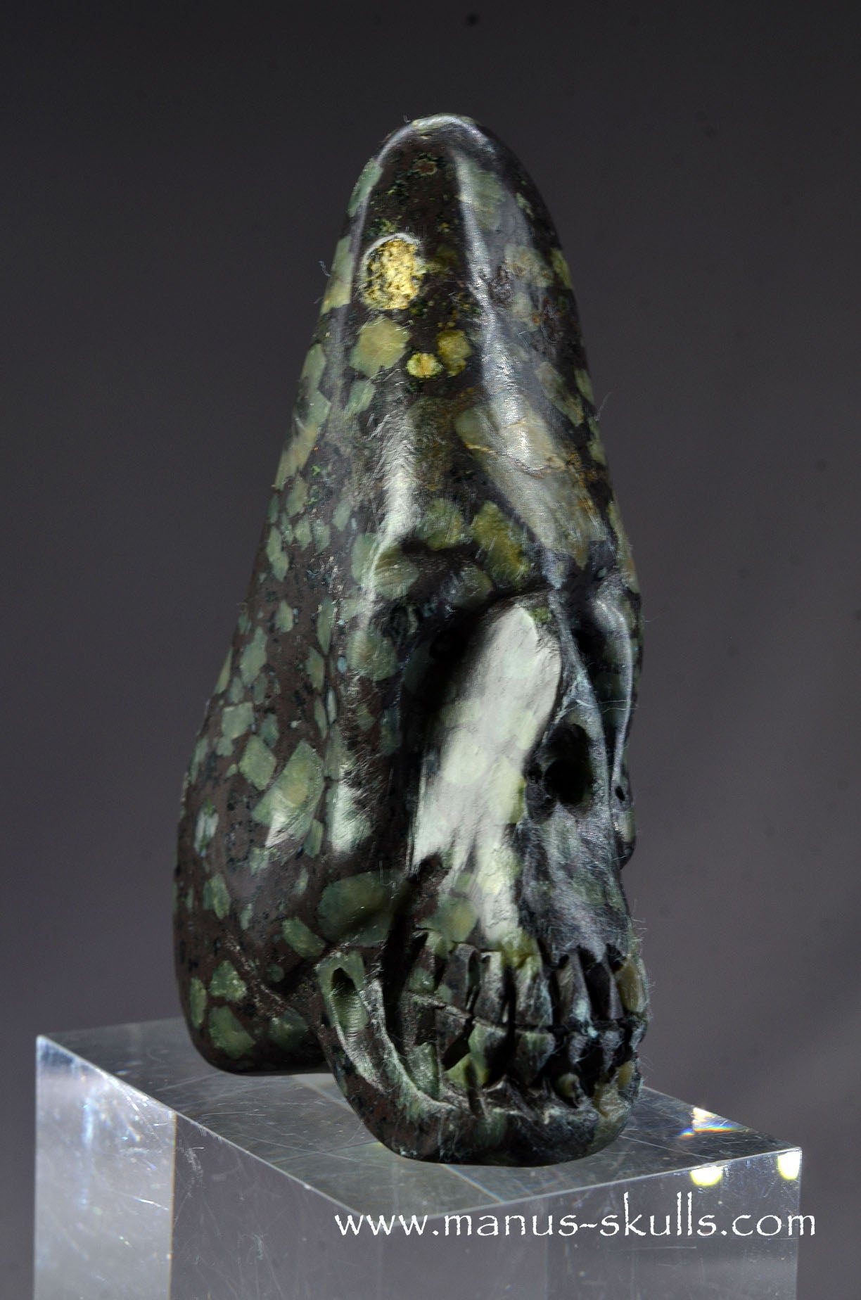 Manus skulls unique Crystal Carvings handmade skulls dragons pendants preseli bluestone tribals spiritual meaning wand Unicorn .. lakelandite