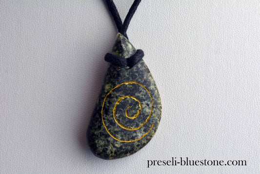 Preseli Bluestone gold etched spiral pendant